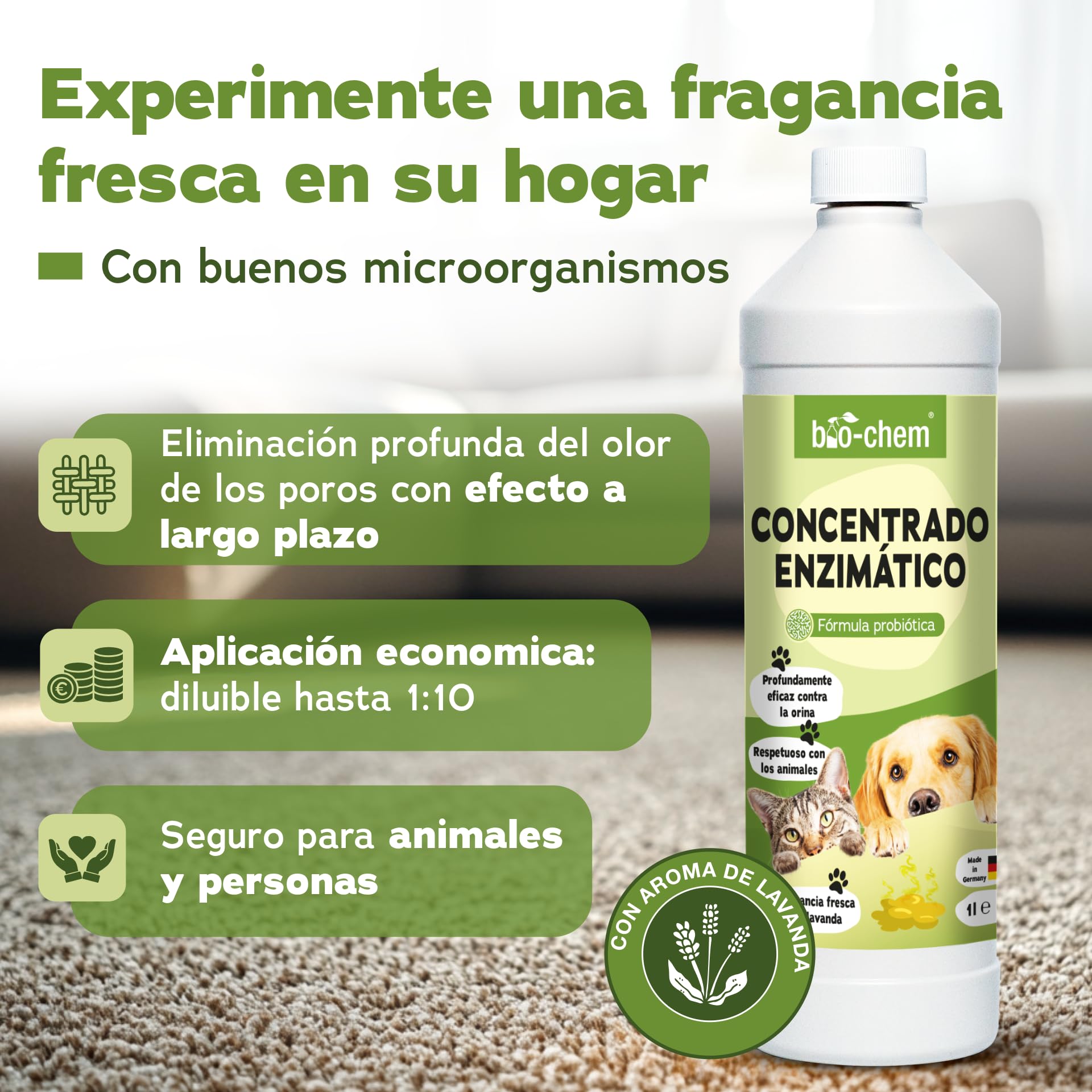 Bio-Chem - Limpiador enzimático concentrado 1L + botella mezcladora - Combate olores y manchas persistentes - Acción probiótica natural para alfombras, tejidos y superficies | Eliminador de olores contra orina, orina de gato y orina de perro para perros y