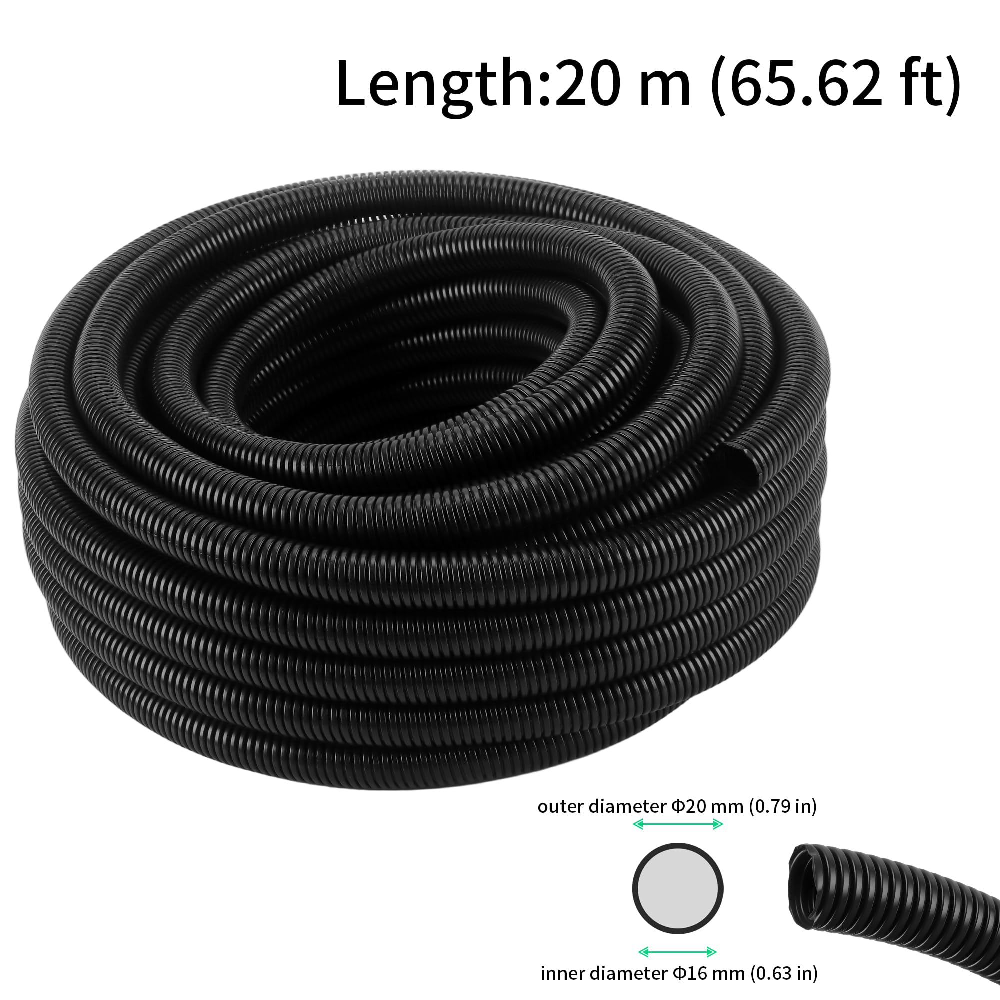 FUNSUEI Tubo de conducto flexible corrugado negro de 20 m, 16 mm de diámetro interior x 20 mm de diámetro exterior, para proteger cables eléctricos