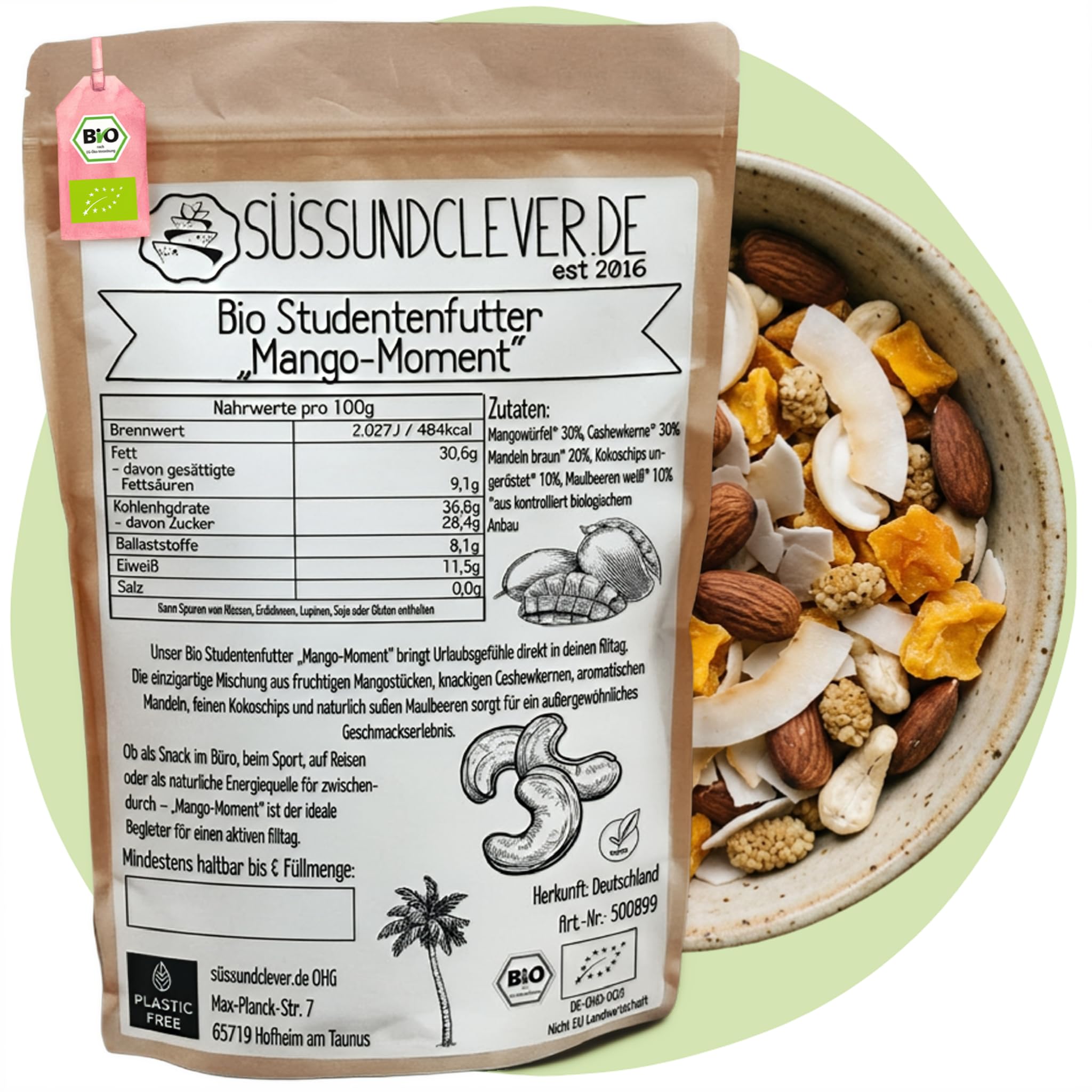 Bio Studentenfutter "Mango-Moment" | 1,0 kg | mit Mangostücken, Cashewkernen, Mandeln, Kokoschips & Maulbeeren | Exotische Nuss-Frucht-Mischung | Vegan