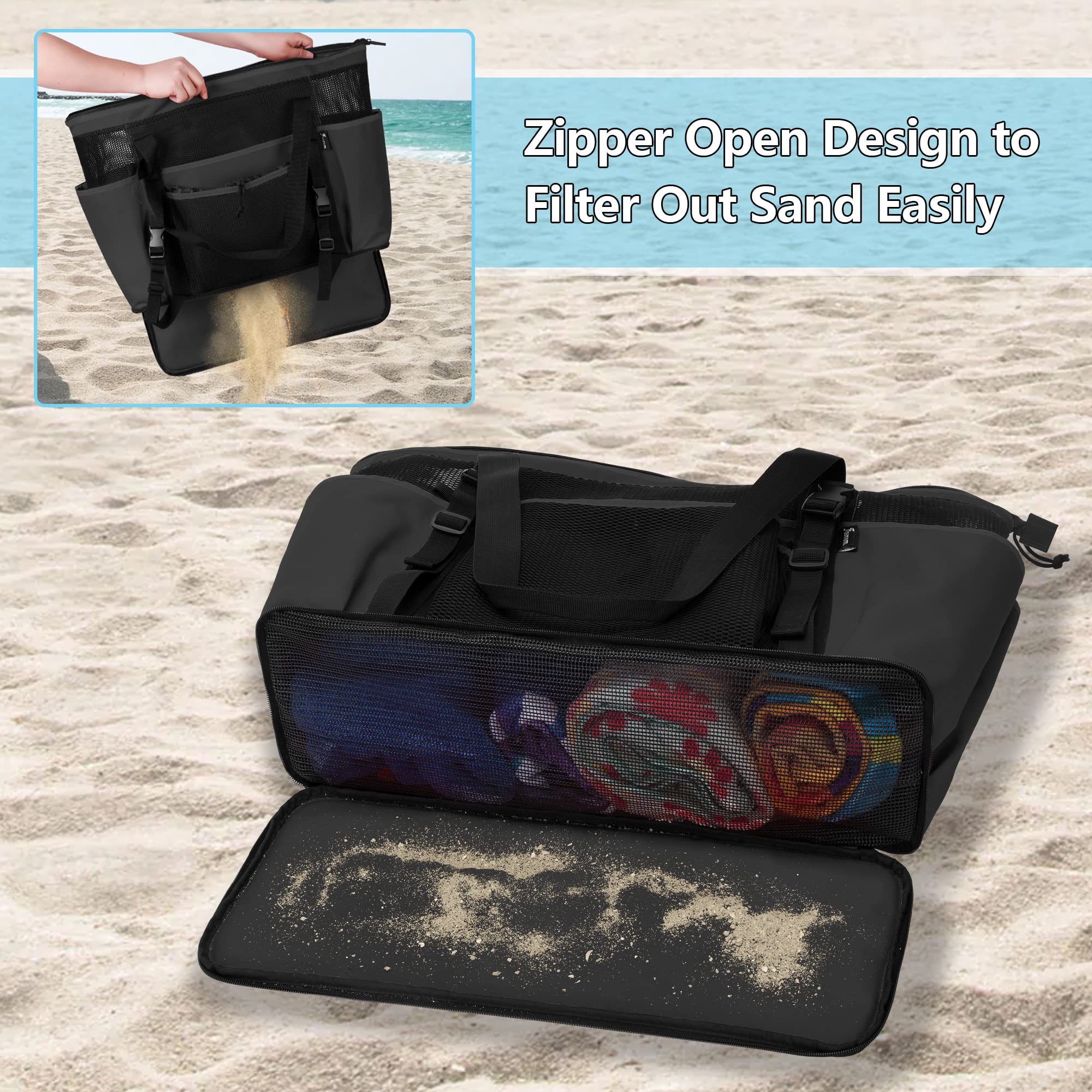 Fasrom Extra Large Mesh Beach Bag with Zipper Bottom, Family Beach Tote Bag with Wet and Dry Separation (Patent Pending), Black - Image 3