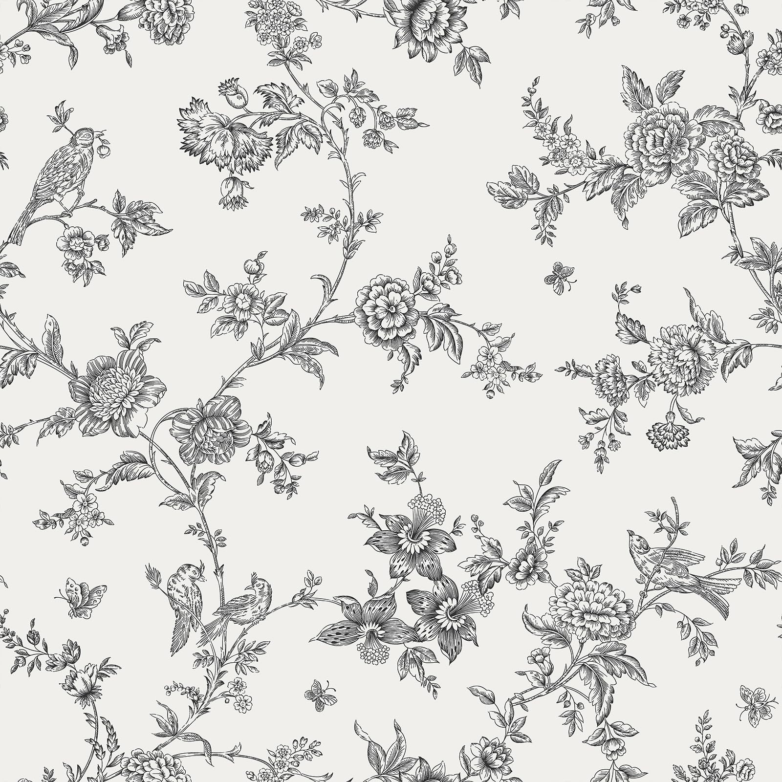 VEELIKE Grey White Trail Floral Wallpaper Peel and Stick Boho Bird Wallpaper for Bedroom Bathroom 17.7''x118'' Removable Prepasted Cottage Wall Mural