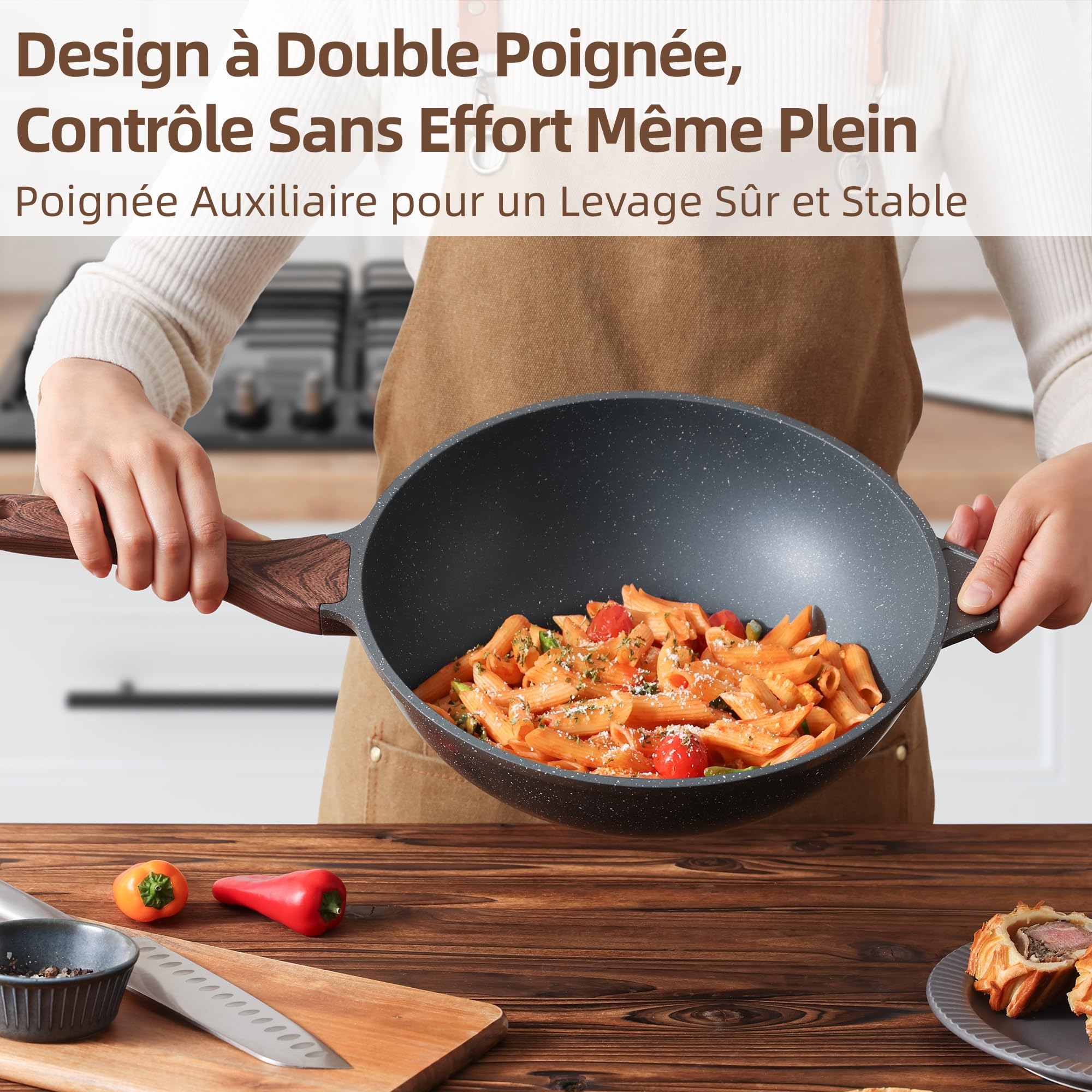 SENSARTE Poêle Wok 28 cm Antiadhésive avec Couvercle, Revêtement Granit Suisse ILAG Sans PFOA, Manche Ergonomique, Compatible Induction, Cuisson Saine