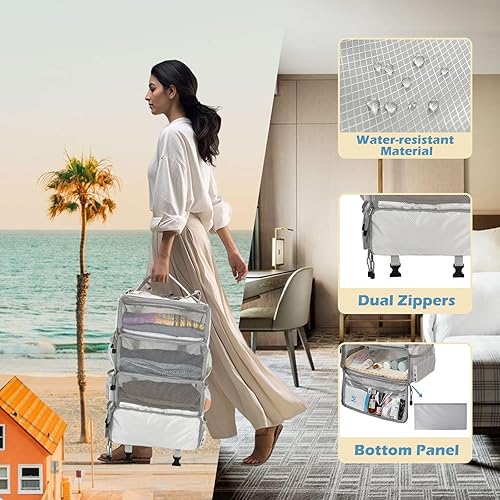 Vista 4 de Surblue Cubos de equipaje colgantes de viaje con 2 ganchos, estantes colgantes para organizadores de equipaje, compresión portátil de 4 estantes