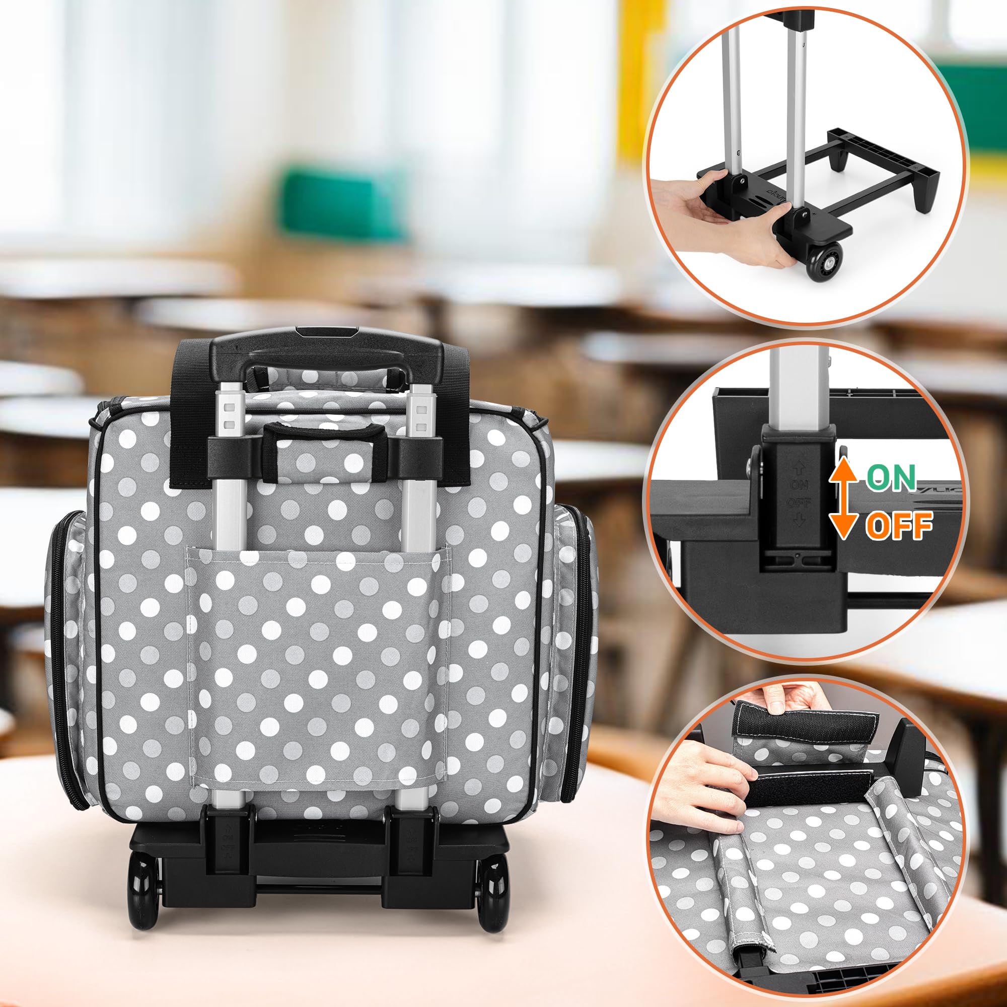 Luxja Sac à roulettes pour Professeur avec Plusieurs Poches et Coussin de Soutien Inférieur, Sac de Transport pour Enseignant avec Chariot Détachable (Brevet de Conception), Pois Gris