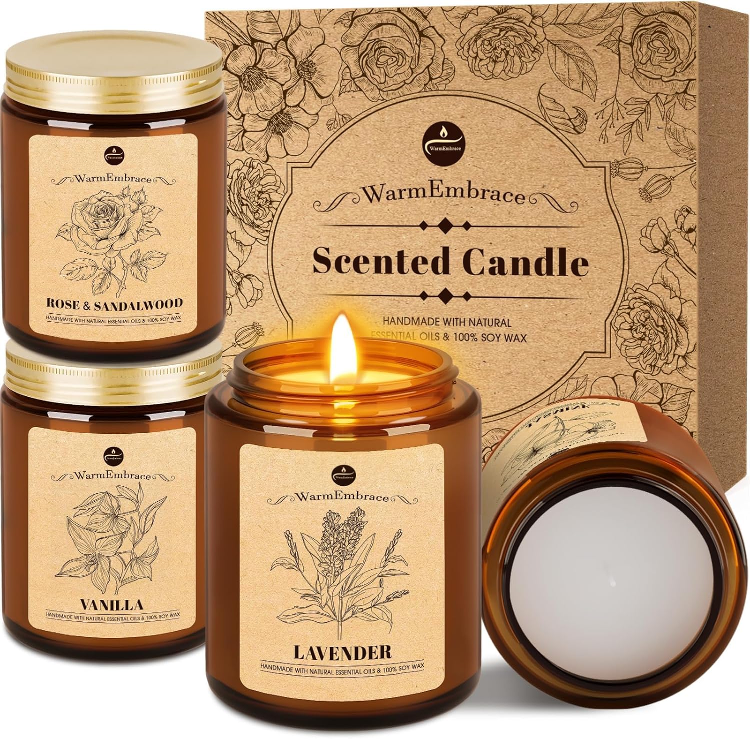WarmEmbrace Lavender Candles, 4-Pack Scented Candle Set for Women, 7.6 oz Natural Organic Soy Wax in Glass Jar, 160 Hours Long-Lasting Burn, Perfect for Mother's Day, Birthday Gifting (4 Fragrance)