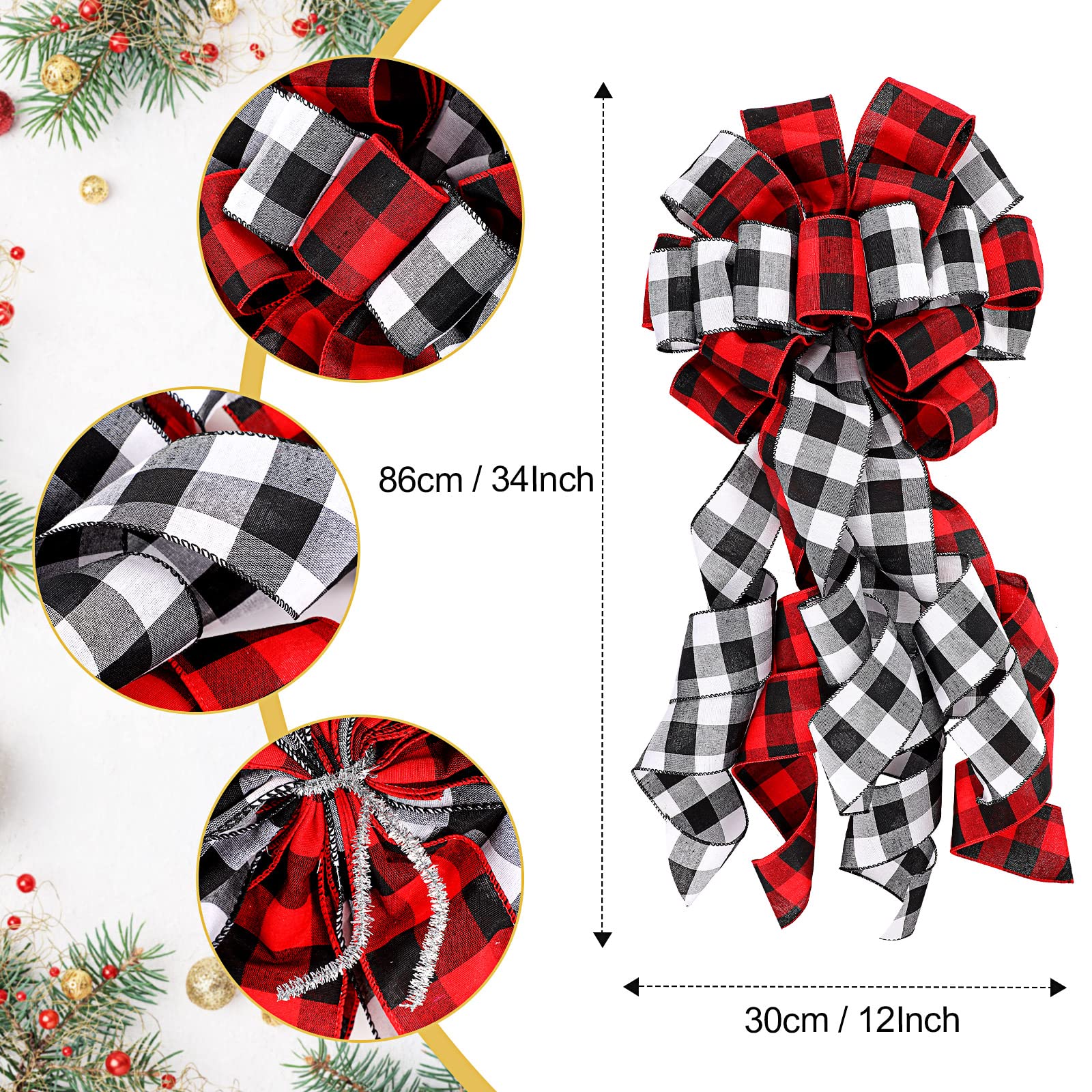 Nœud Topper de Sapin de Noël Large Ornements d'arbre de Noël Suspendus Décoratifs et 6,7 Pouces Fleurs de Noël Artificielles (Carreaux Rouges Noirs et Carreaux Noirs Blancs, 13 x 30 Pouces)