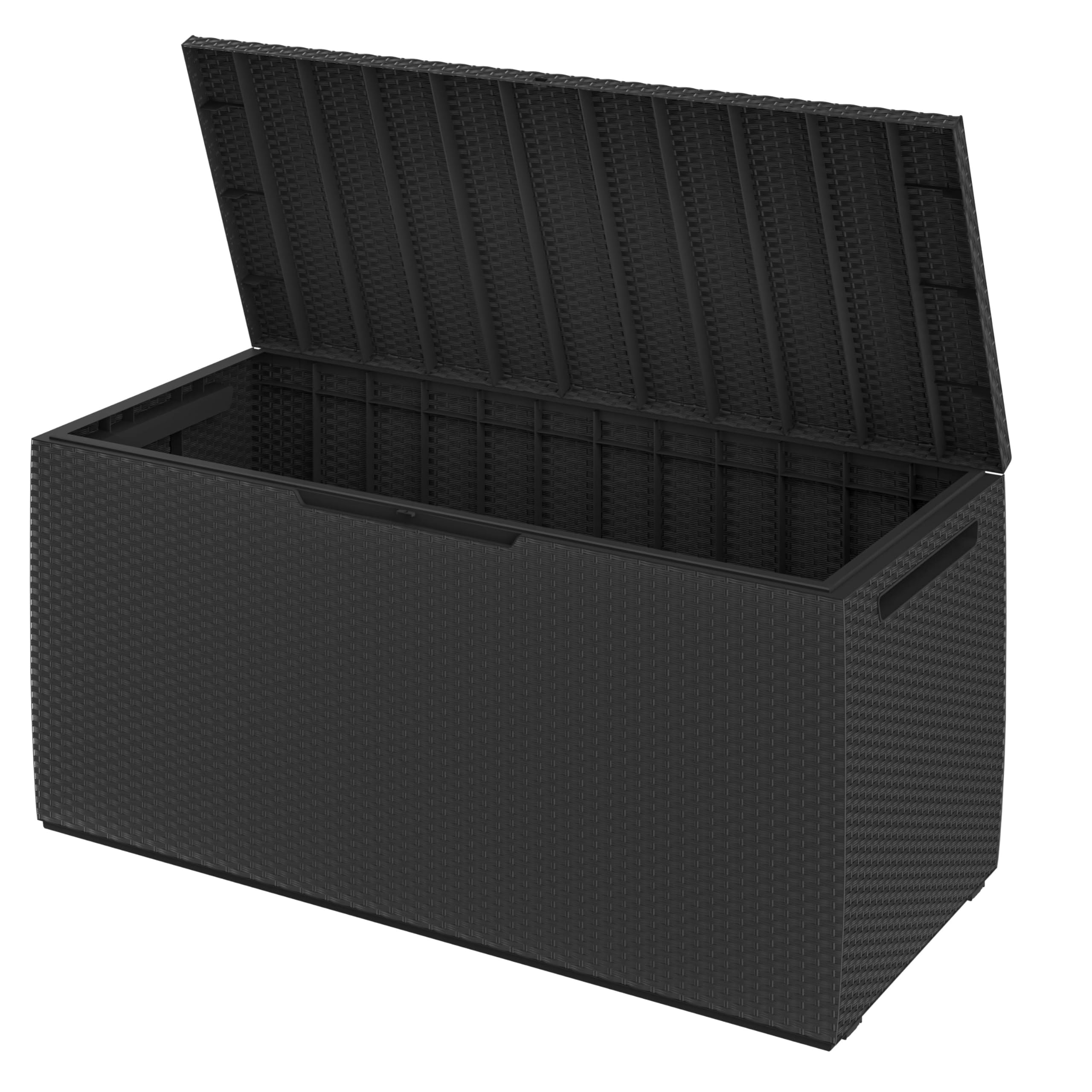 Deuba® Coffre de rangement jardin 310L Anthracite aspect rotin – Résistant UV avec roulettes et poignées – Coffre extérieur pour coussins, balcon, terrasse, véranda 123x53 cm