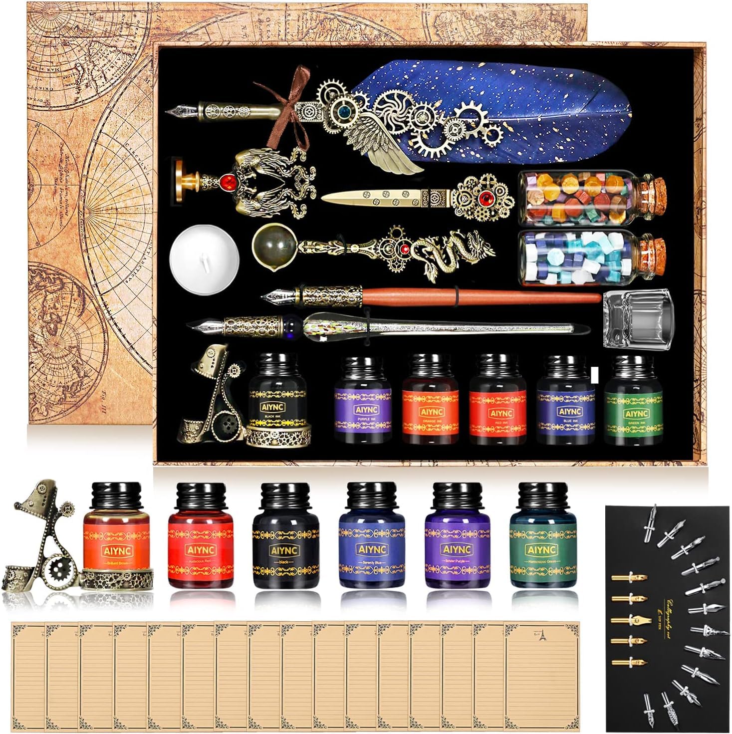 Juego de tinta para pluma de pluma, con pluma de madera, bolígrafo de inmersión de vidrio, 6 botellas de tinta, 16 papel de carta, 2 sobres, 17 puntas, soporte para bolígrafos, 2 botellas