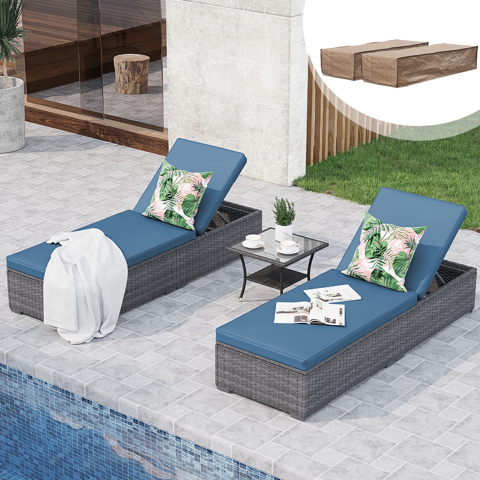 JOIVI Chaise Lounge Chairs Set of 2 w/Coffee Table, 5 Angle Backrest and Removable Cushions, PE Wicker Rattan Outdoor Lounge Chair Pool Lounger Patio Reclining Chair, 3-Piece Pool Furniture, Navy Blue