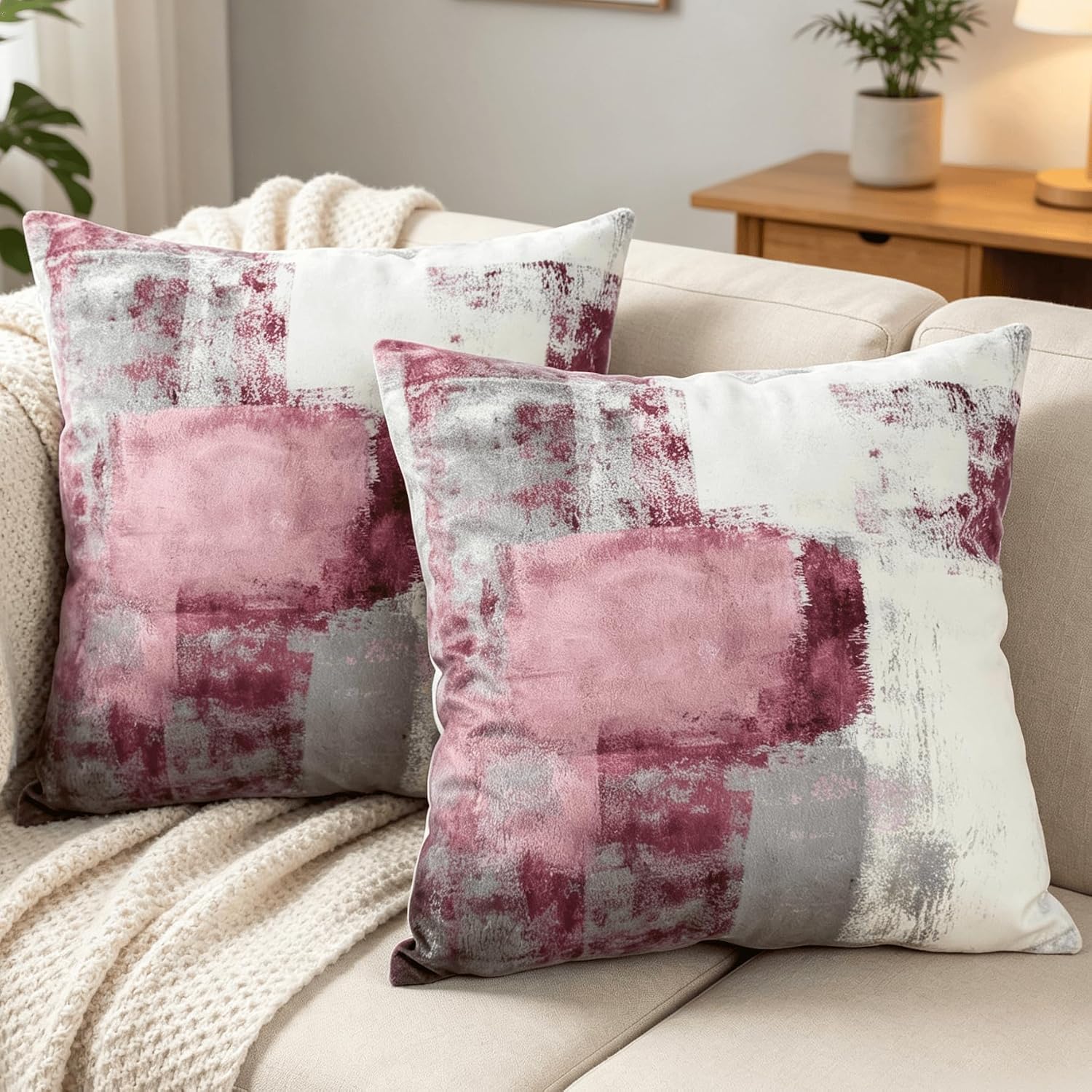 OYIMUA Pink Throw Pillow Covers 16x16,Modern Abstract Pink and White Couch Pillow Covers,Decorative Accent Pillow Cover,Square Pillow Cases for Sofa Living Room Bedroom Set of 2