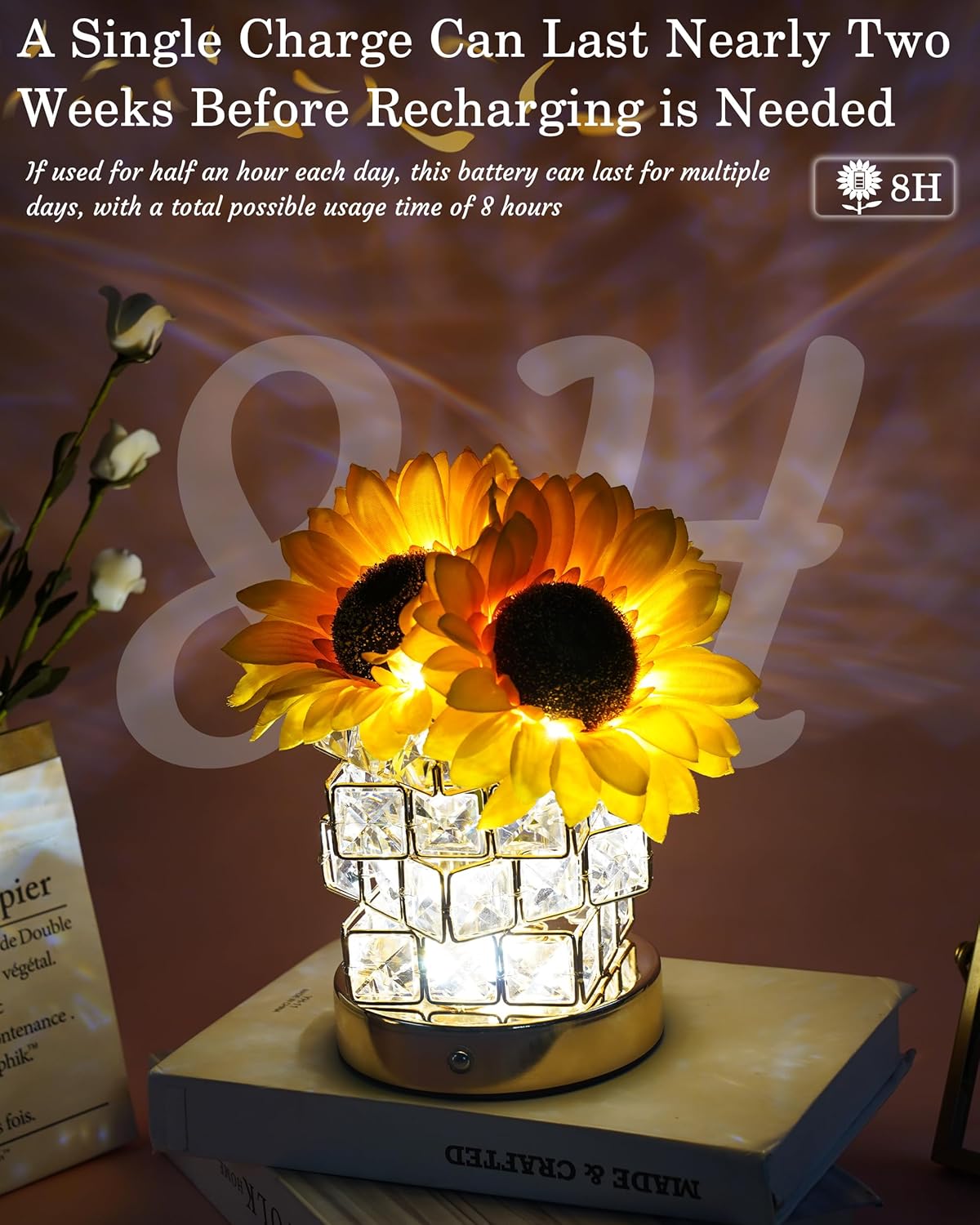 Cordless Sun Flower Lamp, Adjustable Touch Crystal Night Light with Artificial Rose Flower, Rechargeable LED Flowers with Vase Lamp Romantic Festival Christmas Halloween Decor for Bedside Nightstand