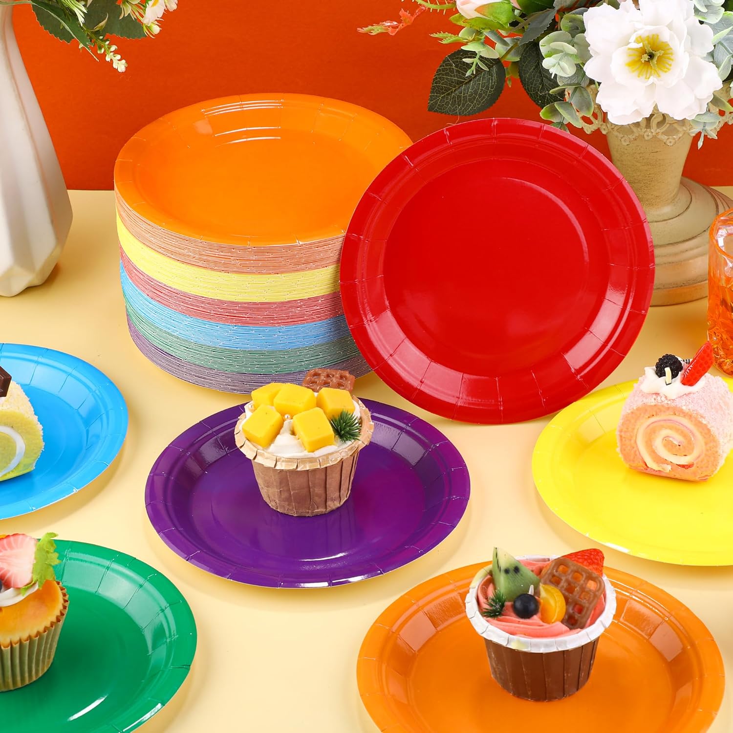 Kochorie 150 Pieces Rainbow Paper Plates 7 Inch Bulk Disposable Solid Colorful Dinner Plates Heavy Duty Round Dessert Supplies for Birthday Wedding Holiday Bridal Shower Party Supplies - Image 5