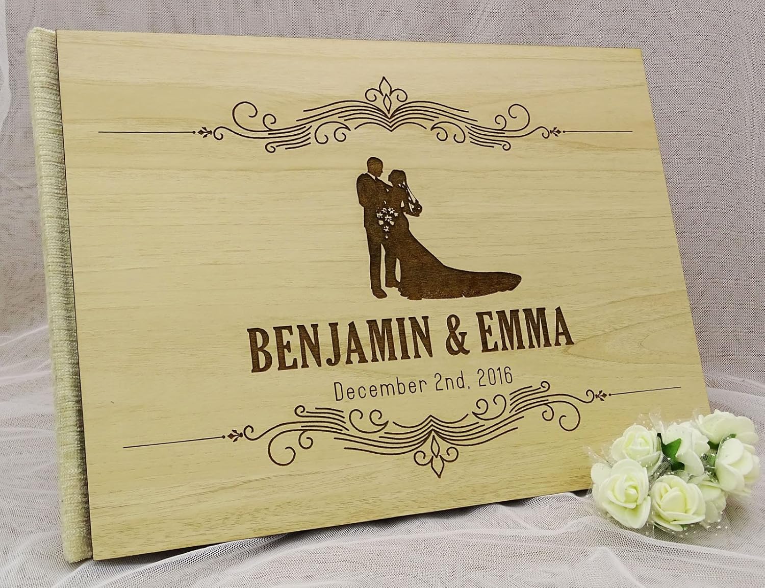 Handmade Wood Wooden Engraved Bride & Groom Advice Book Personalised Wedding Guest Book Rustic Guestbook - 50 Pages