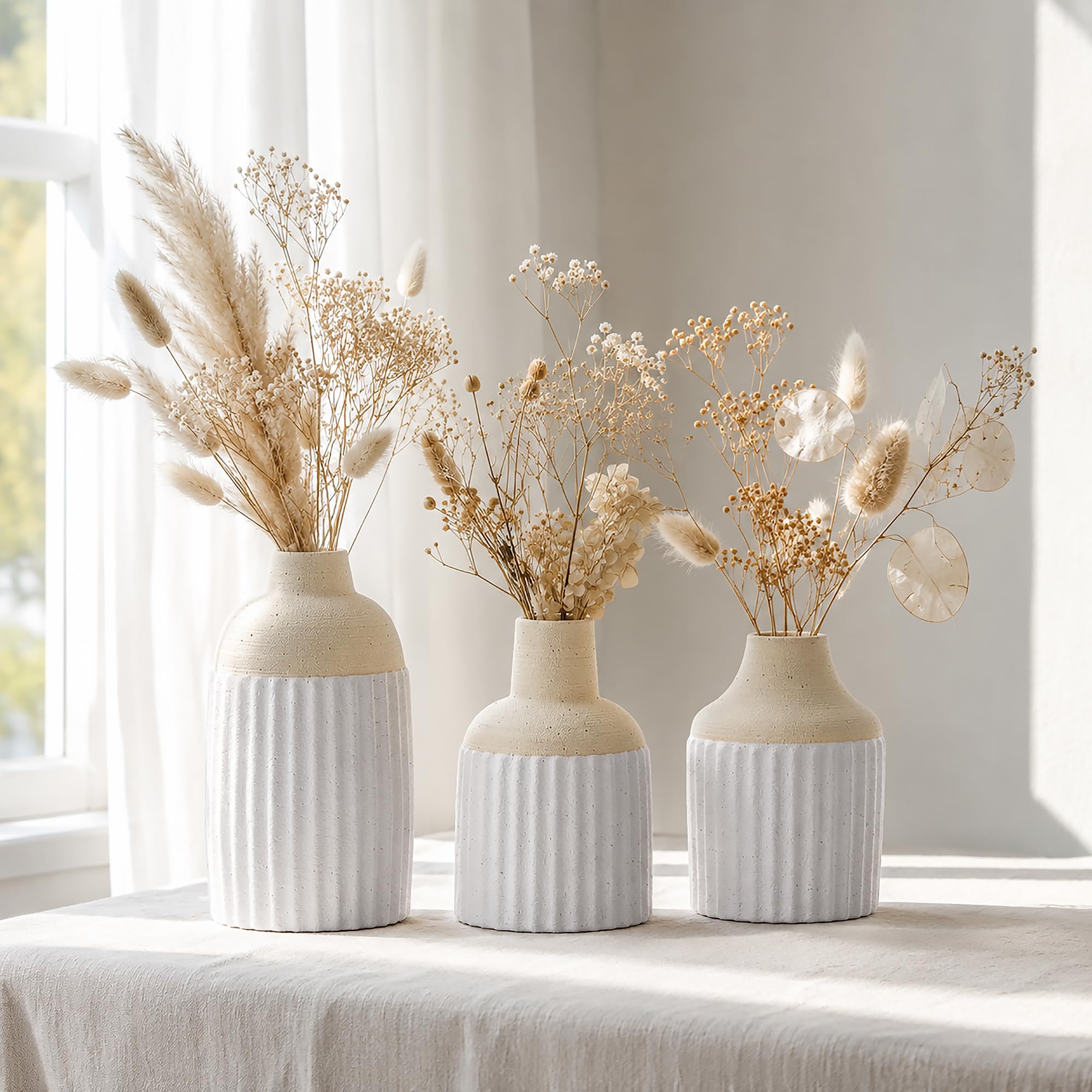 Juego de 3 jarrones de cerámica modernos y estéticos bohemios para decoración del hogar para cocina, comedor, dormitorio, oficina, sala de estar, baño y estantes, centro de mesa, decoración (beige