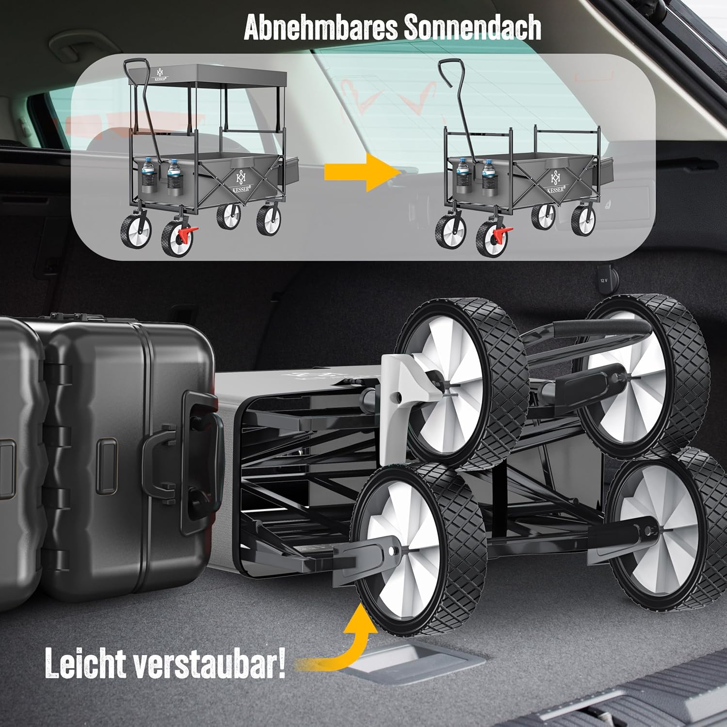 Diagram showing the KESSER cart folding process for compact storage