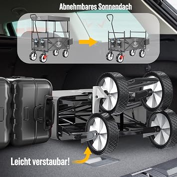 Kesser® Handcart Foldable with Roof Transport Trolley Equipment Cart Including 2 Mesh Pockets and One Outer Bag Folding Solid Rubber Tyres Maximum Load Up to 100 kg grey