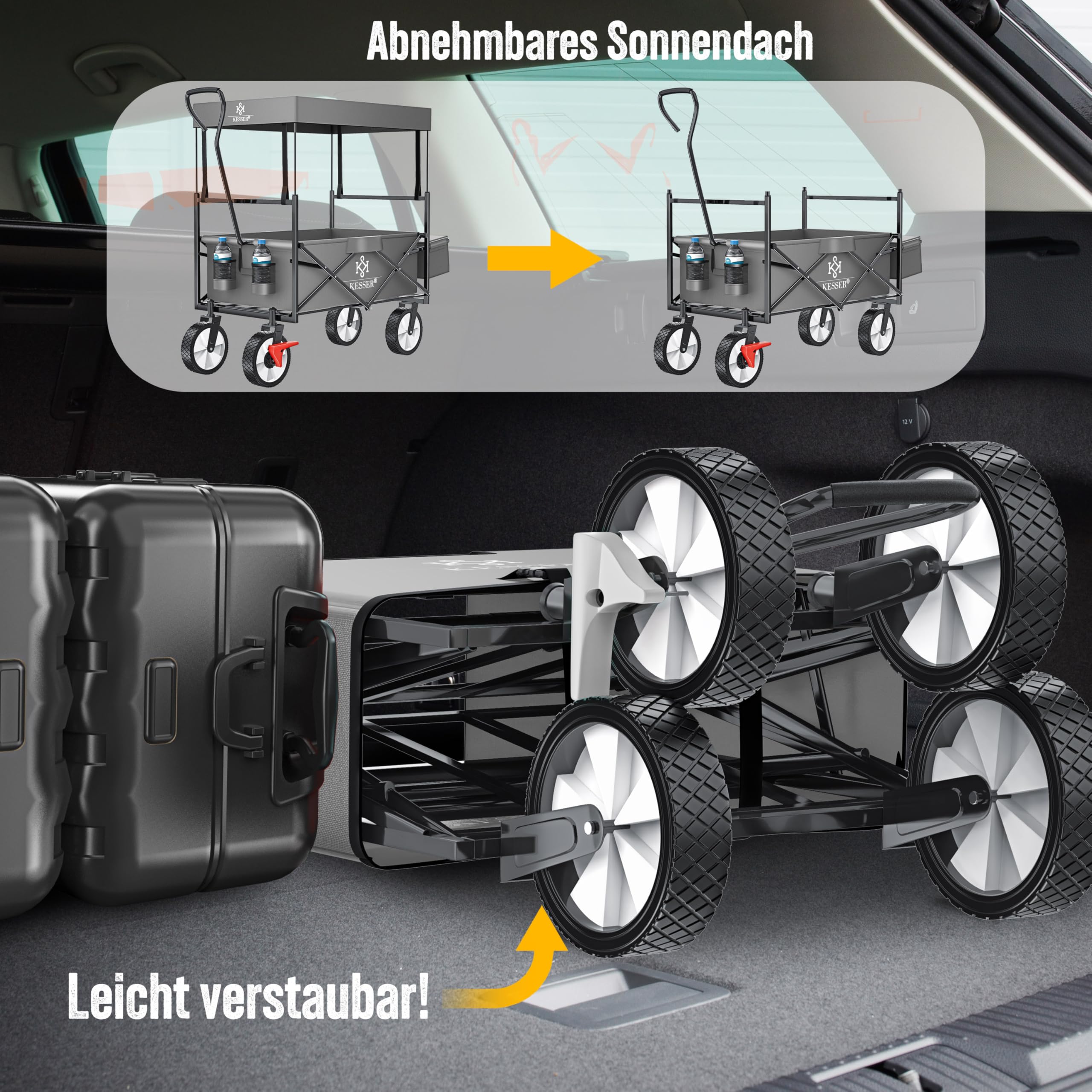 KESSER® Carro Plegable con Techo | Carrito de Jardín con 2 Bolsillos de Red y uno Exterior con Freno en la Rueda Delantera | Ruedas de Goma | hasta 100 kg de Capacidad | Gris