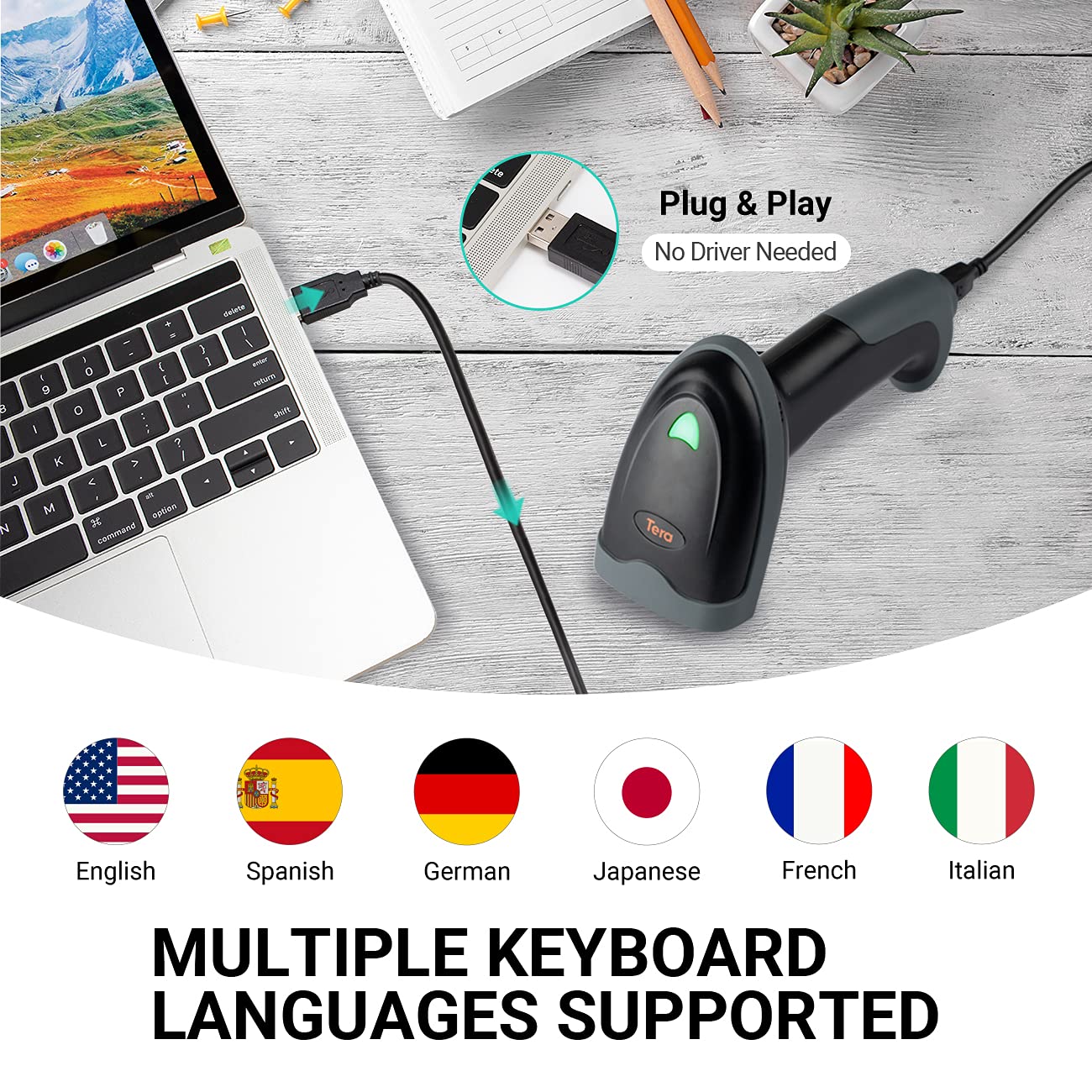 Tera Pro Series Scanner di codici a barre laser 1D USB Cablato e Bluetooth Scansione rapida e precisa per codici a barre ultra lunghi Plug and Play, L0013B-OG