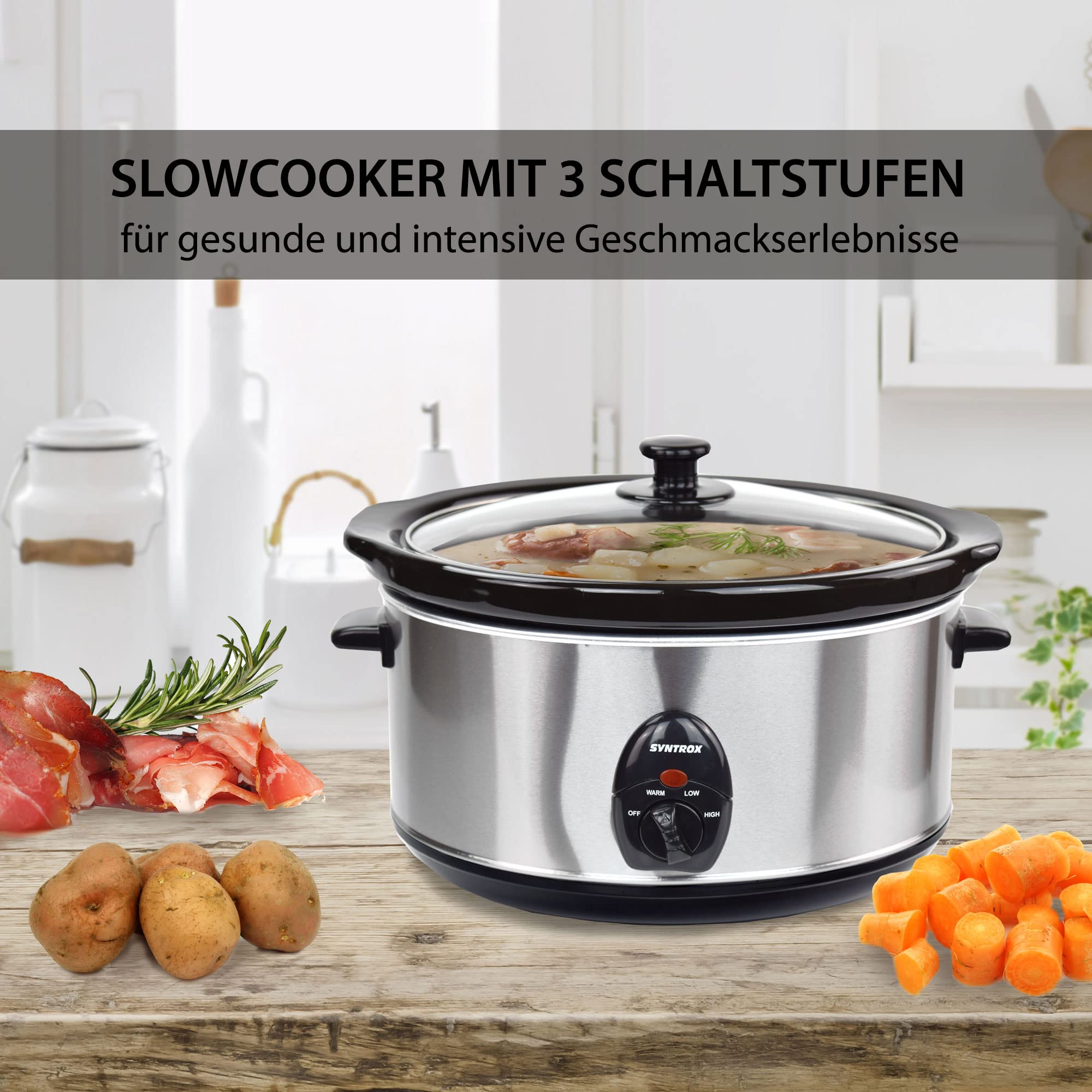 Syntrox Germany Slow Chef SC-450M_Deli Cooker Schongarer 4,5 Liter mit Warmhaltefunktion, Glasdeckel und robuster Keramikschüssel 280 Watt, Edelstahl