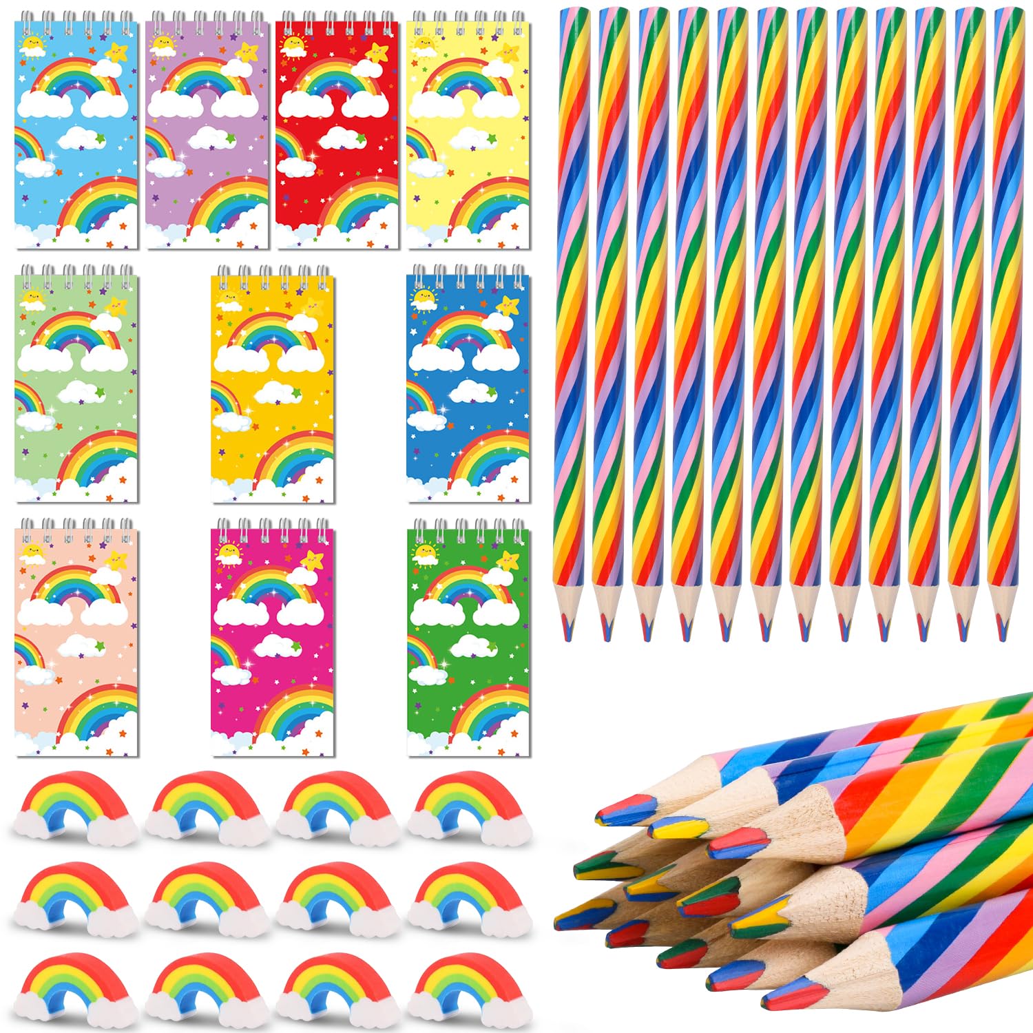 Rdlobu 34 Pcs Pencils Set:12 Pcs Rainbow Pencils + 12 Pcs Erasers +10 Pcs Mini Rainbow Notebooks,Regenbogenstifte Kinder,For Students Artist Home DIY School Office Gifts Supplies