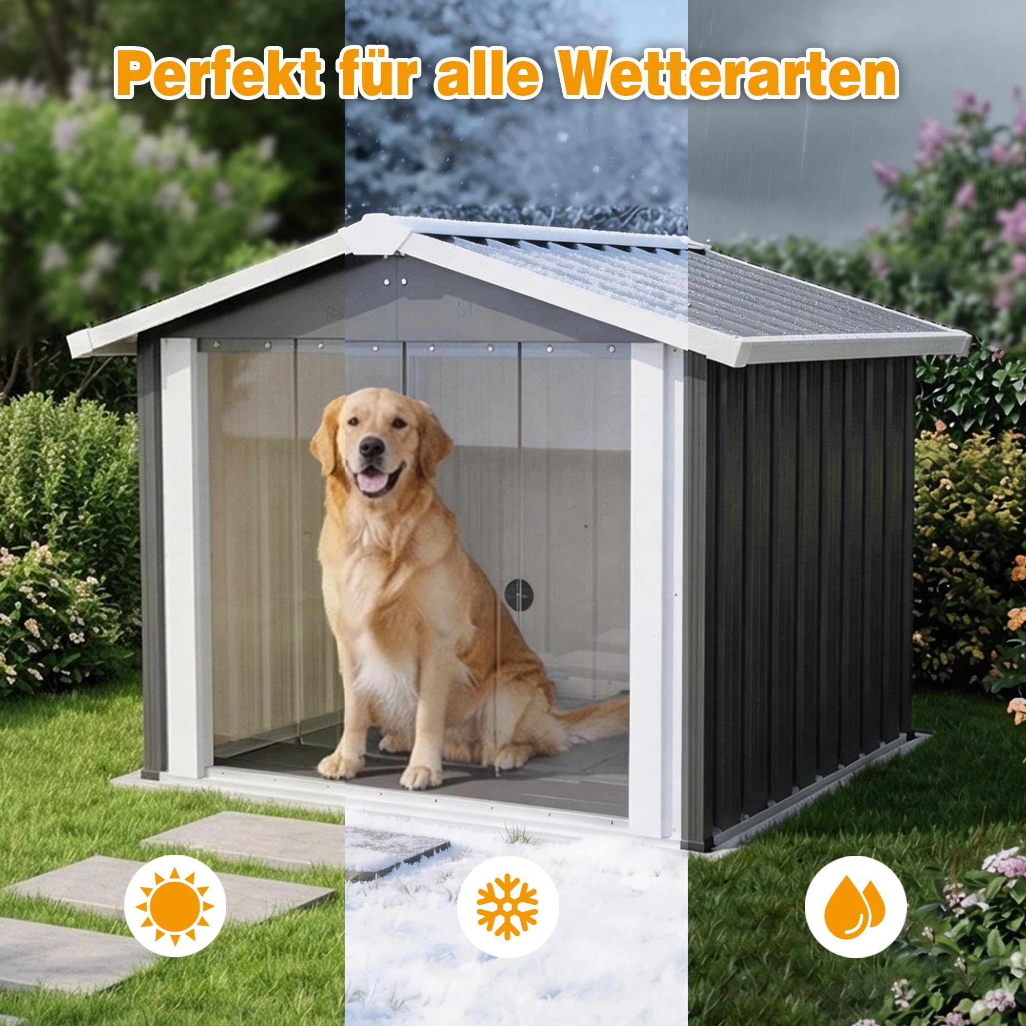 Hundehütte, Wetterfeste Hunde hausaus verzinktem Stahl, Hundehöhle mit Boden & Dach, für Garten Draußen, Anthrazit