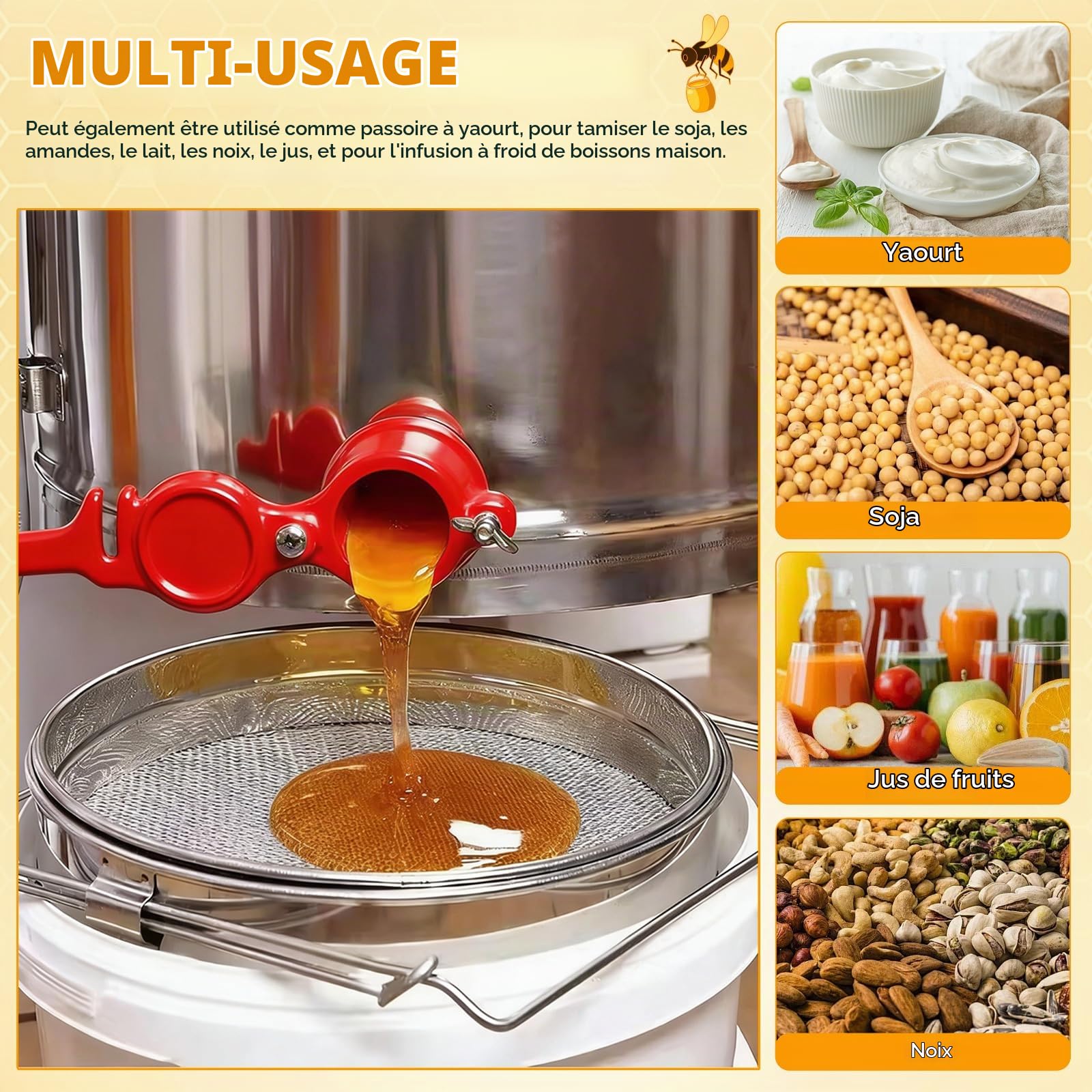 Filtre de Miel Double,Passoire à Miel en Acier Inoxydable avec Bras Extensibles,Tamis Filtrant pour Apiculture,Filtre pour Impuretés pour Seau de 5 Gallons,Apiculture équipement pour Rucher Set