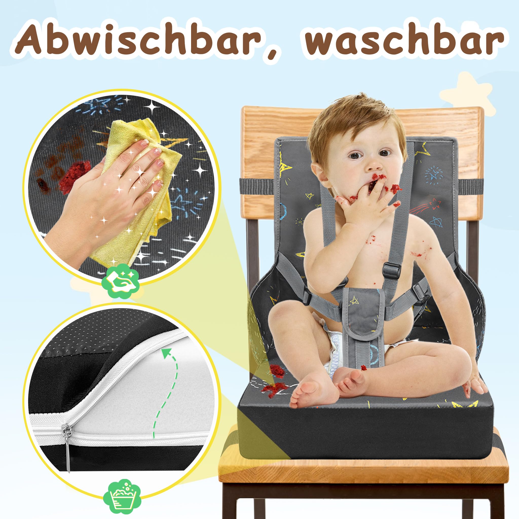 NAIZY Sitzerhöhung Stuhl Kind Kindersitzerhöhung Sitzkissen mit Faltbar Rückenlehne und Dreipunktsicherheitsgurt, Schwämme Boostersitz für Stuhlerhöhung Kinder Baby Essen Stuhl, Grau