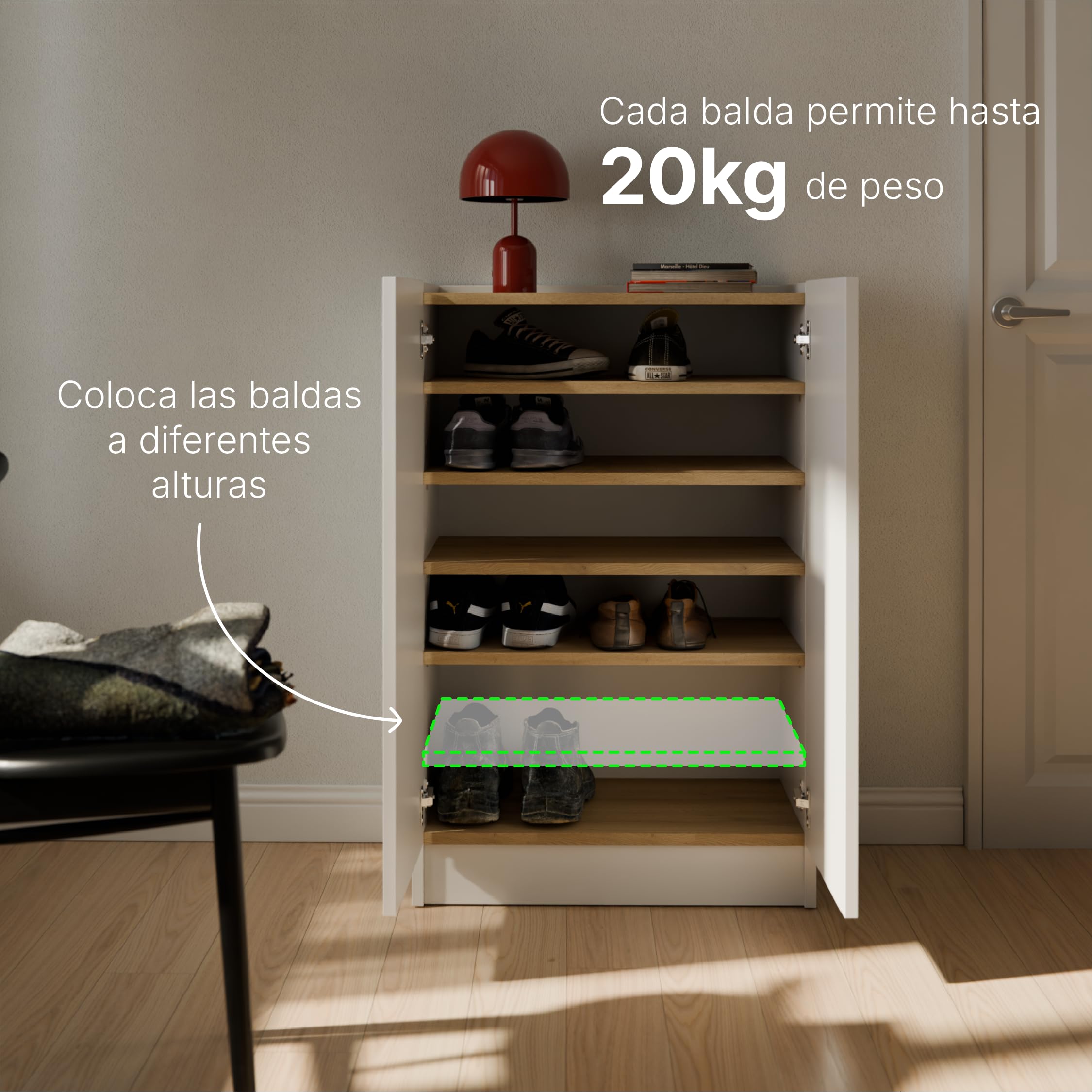 Zapatero Blanco Roble 100 x 72 x 34,1 cm, Armario Zapatero de Melamina 19 mm con 2 Puertas y Baldas Regulables para Entrada, Pasillo, Recibidor y Dormitorio