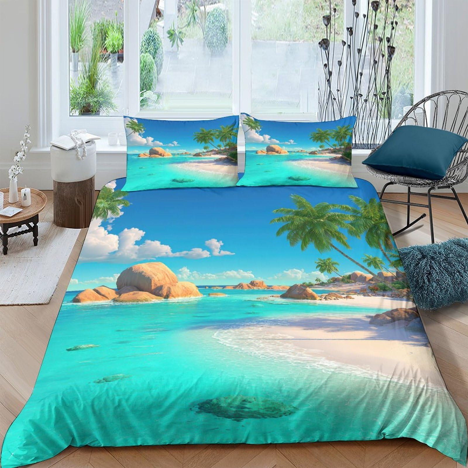 Ctjqhvkz Style-7 3D Printed Tropical Beach Fitted Sheet Microfiber Soft Breathable Palm Island Mattress Cover Bedroom Guest Room Decor Single（135X200cm）