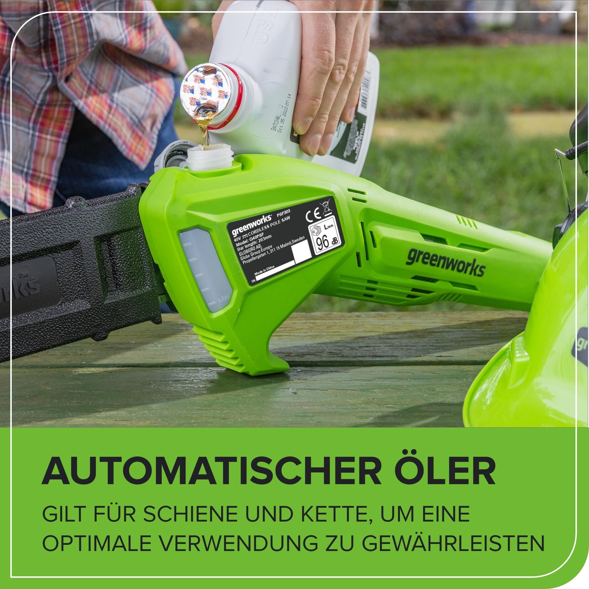 Greenworks G40PSF Akku Hochentaster, 20 cm Blattlänge, 8 m/s Kettengeschwindigkeit, 3,64 kg, automatisches Öl-System, 80 ml Öltank, 2.58m Stangenreichweite OHNE 40V Akku & Ladegerät, 3 Jahre Garantie