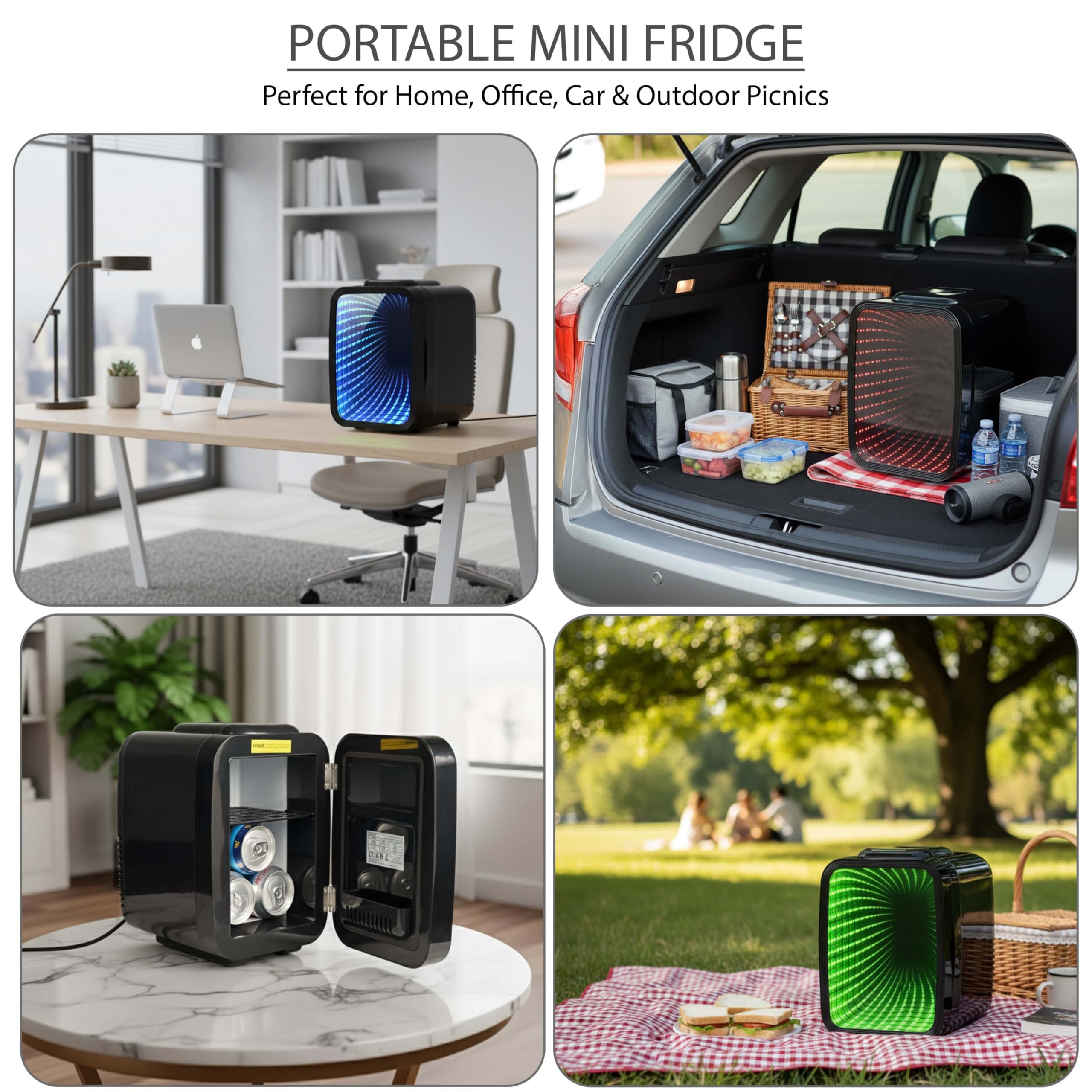 Crystals 4/10/15L Litre Mini Fridge, Table Top Small Fridge Cooler & Warmer for Car Bedrooms Desk Office, 12V DC - 220 AC, Mini Fridge for Bedrooms (RGB Infinity - BLACK, 4L Lights) — view 3