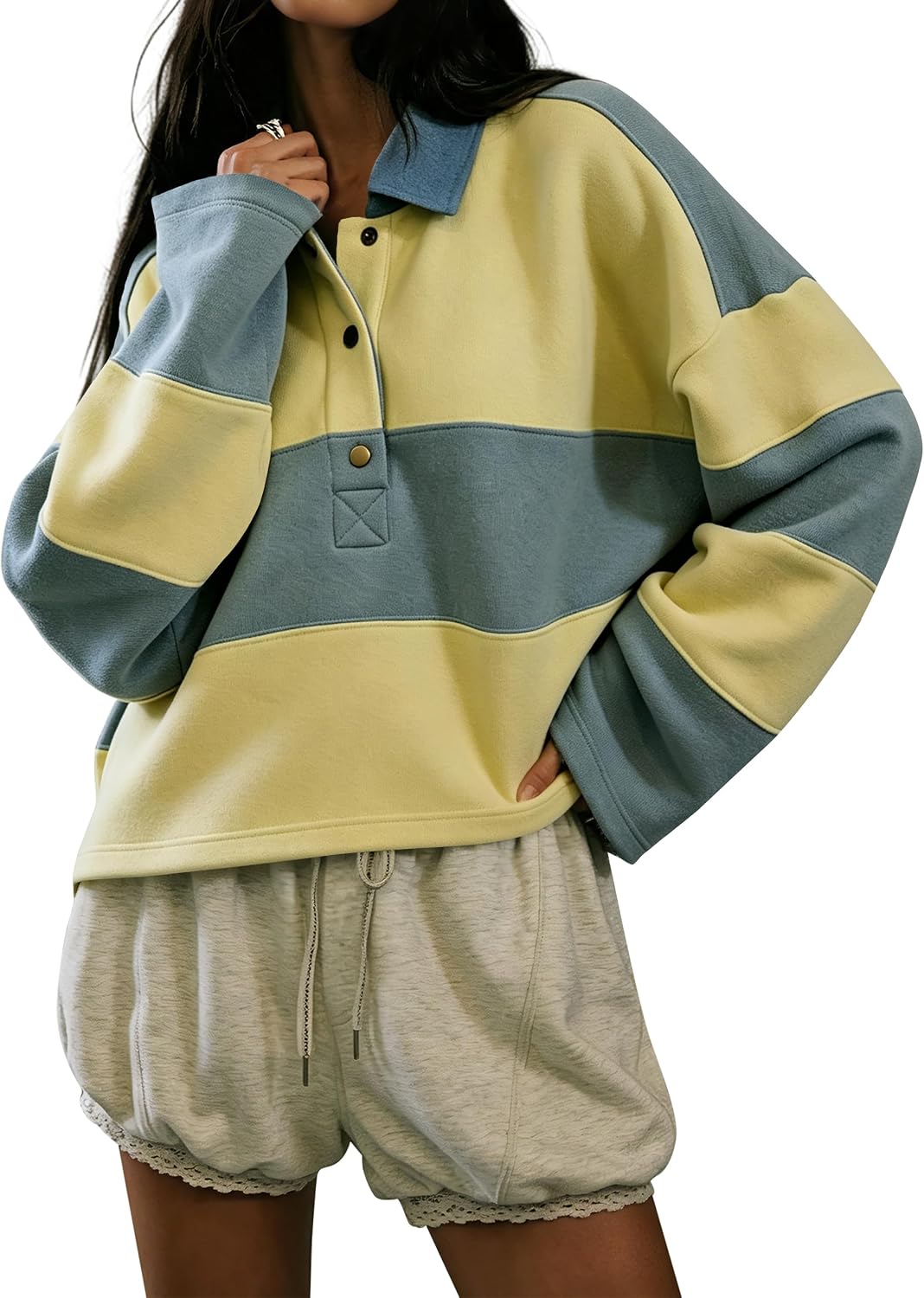 Women’s Oversized Striped Polo Sweatshirt Cropped Rugby Shirt