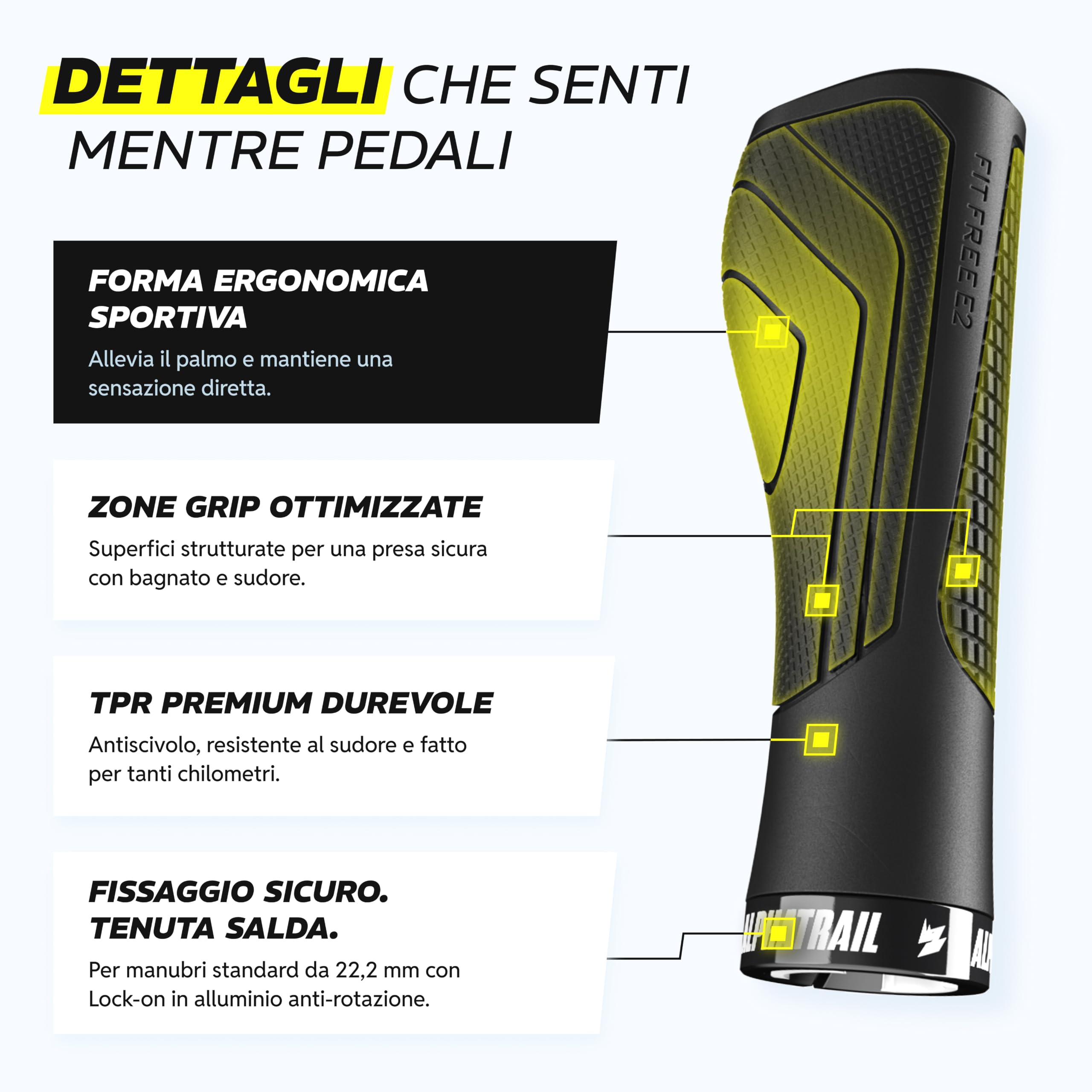 Alphatrail FitFree manopole MTB ergonomiche con feeling naturale, manopole bici ergonomiche lock-on 22,2 mm, 1 paio, manopole ergonomiche bici per tour, trekking & e-bike
