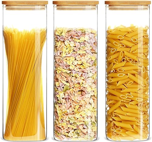 Contenedor de almacenamiento de pasta de espaguetis de 80 onzas con tapas de bambú, recipientes de almacenamiento de alimentos de vidrio cuadrados