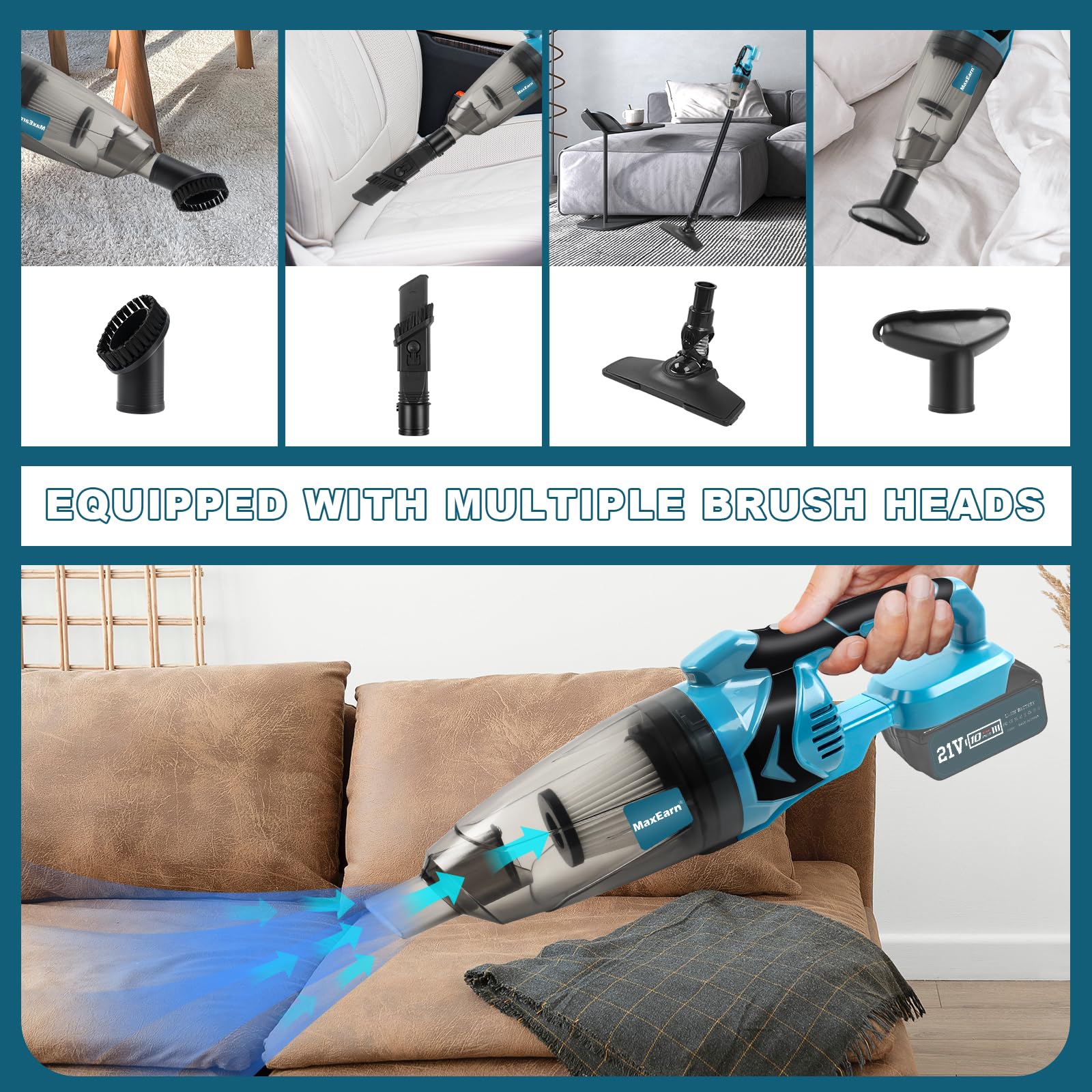 Aspiradora con batería para Makita 18 V, 10500 Pa, aspiradora de mano portátil, 140 W de potencia, aspiradora de coche con 4 cabezales de cepillo, mini aspirador de mano para casa, coche (sin