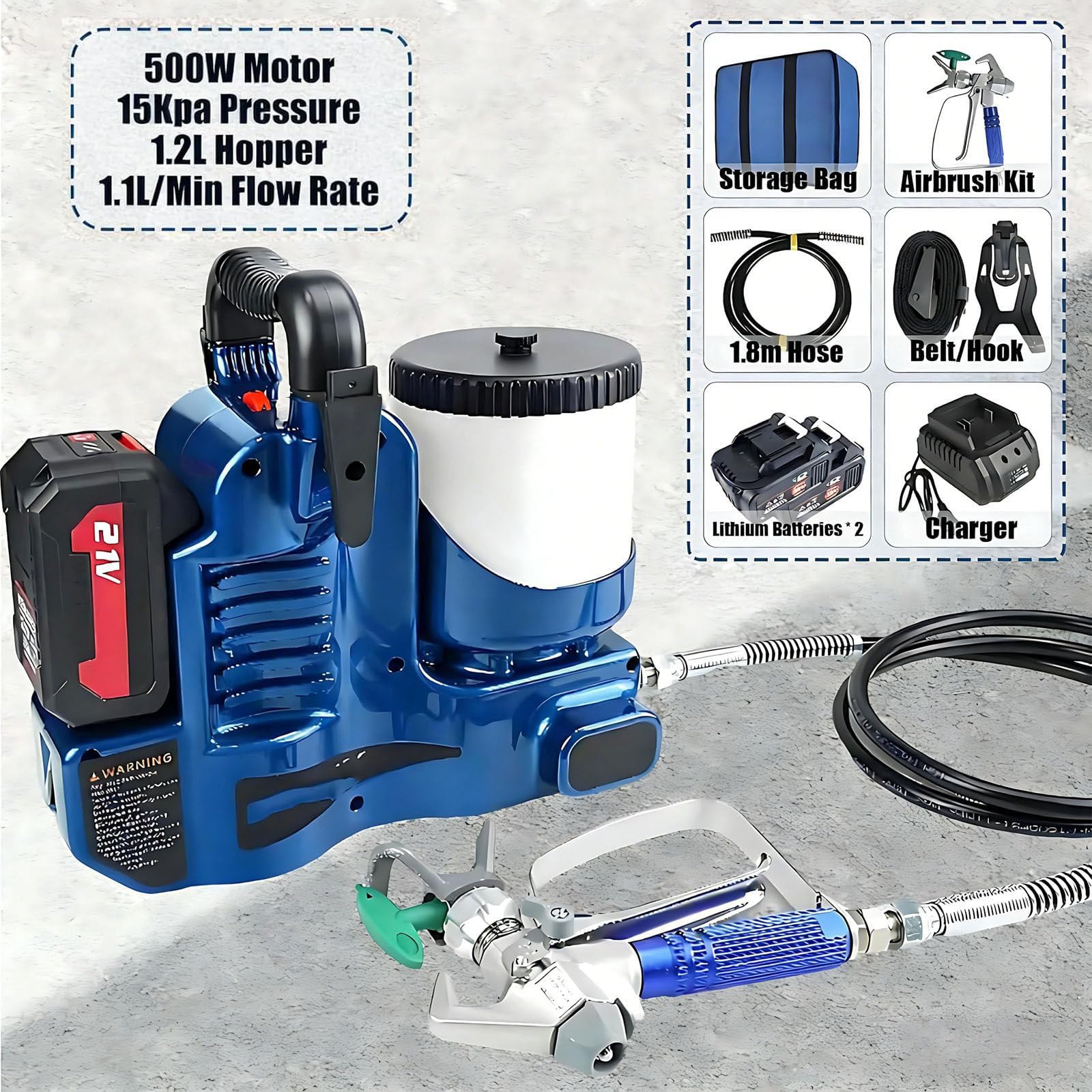 1,2-l-Airless-Farbspritzgerät, 750-W-Farbspritzpistole 12,5 MPa, 6-stufig Einstellbarer Druck, mit Zwei 21-V-Batterien und 1,80 m Schlauch, 2 l/min Durchflussrate, für Wände und Dä 2battery