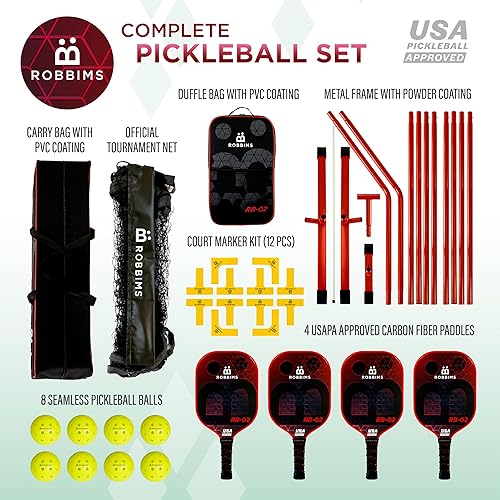 Miniatura 2 de Juego de pickleball portátil con red  4 paletas de fibra de carbono aprobadas por USAPA, bolsa de lona, sistema de red de pickleball de tamaño