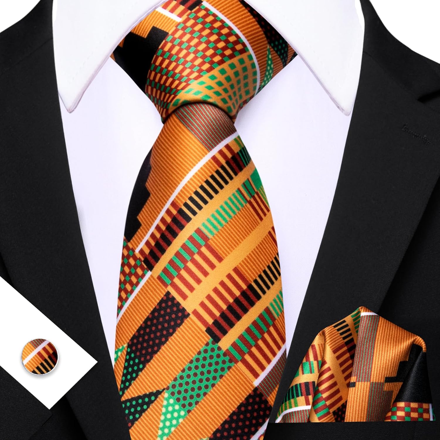 Barry.Wang African Kente Bow Tie and Tie for Men Orange Green Black Stripe Silk Pre-Tied Bowtie Pocket Square Cufflinks Set Black History Month Kwanzaa Wedding Party Graduation