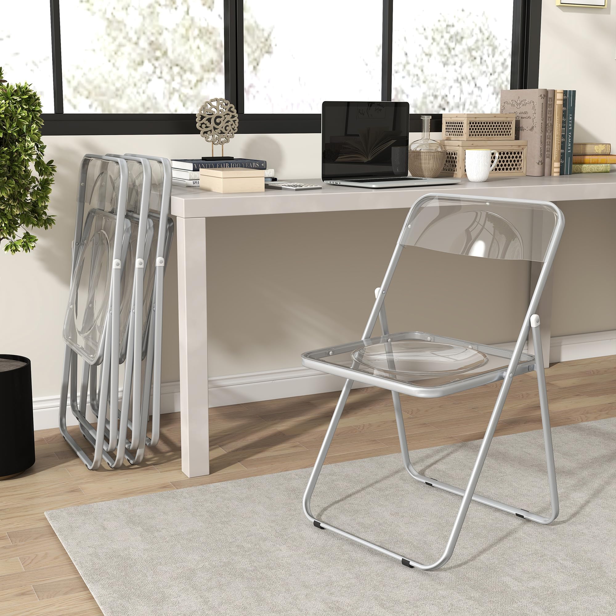 HOMCOM Lot de 4 chaises Pliantes en Acrylique et Acier, chaises Pliantes intérieures Portables pour Maison, Bureau, Salle à Manger, 47 x 48 x 75 cm, Transparentes