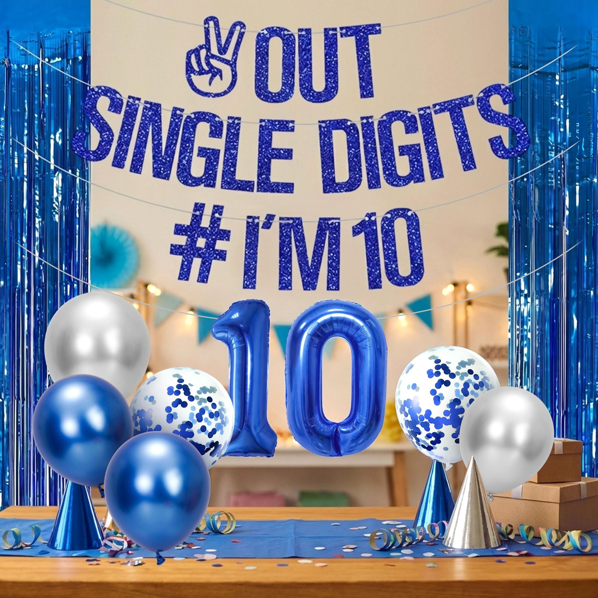 Blue 10th Birthday Decorations Boys Out Single Digits I'm 10 Banner Happy 10th Birthday Decorations Double Digits Party Supplies Number 10 Balloon