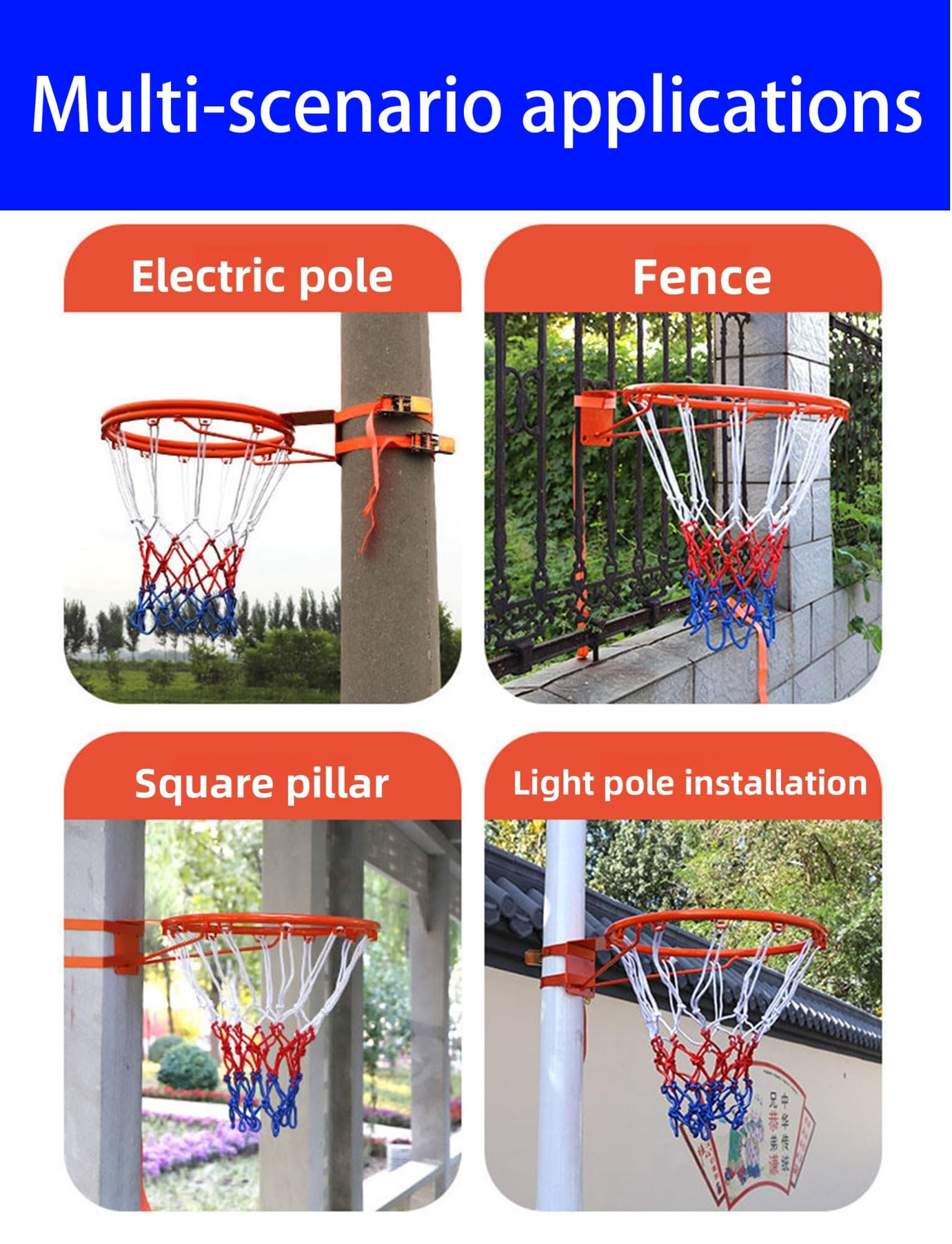 Canestro da Basket in Acciaio da Parete con Cinghie Regolabili, Struttura Portatile per Tirare a canestro, Supporto Robusto per Giocare all'aperto e al Chiuso.
