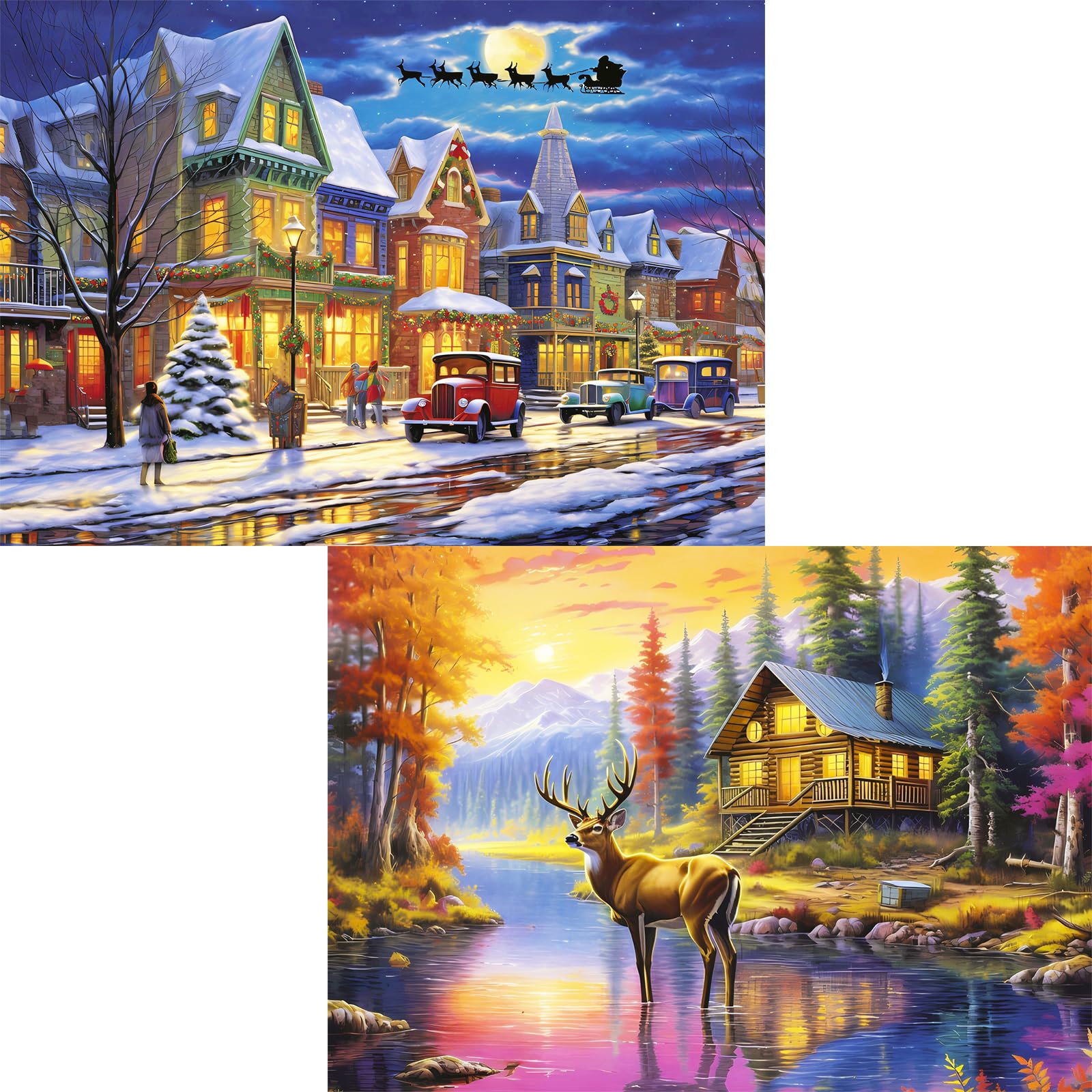 Edsjegn 2 Pack Puzzles for Adults 1000 Pieces Halloween Puzzles 1000 Pieces Jigsaw Puzzles for Adults Elk Snow Street Christmas Puzzles 1000 Pieces Unique Gifts