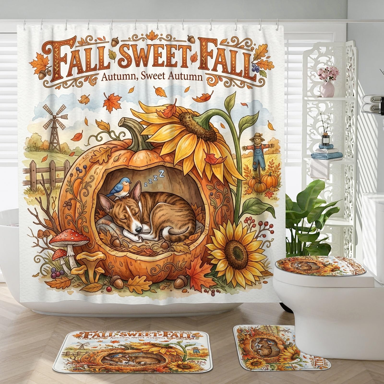 Ensemble de bain Basenji en automne avec tapis antidérapant haute densité et finitions soignées
