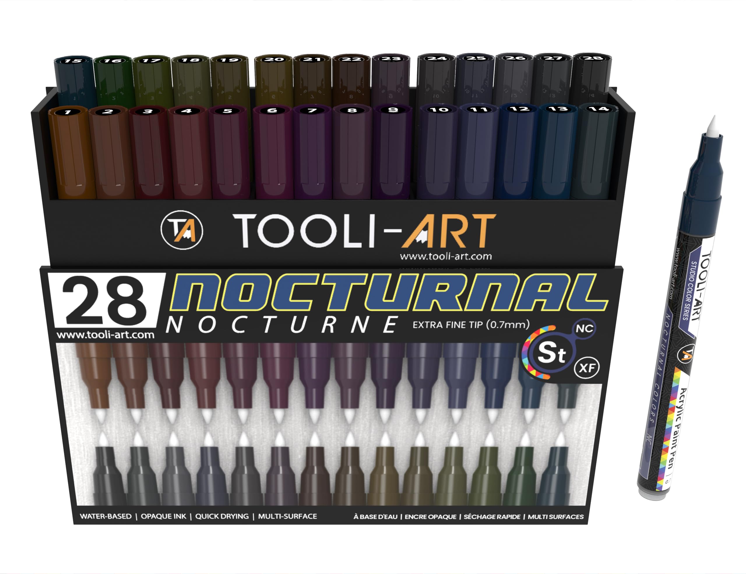 28 Donkere Nocturnale Kleuren Acrylverfpennen Studio Kleurserie Markers Set 0,7 mm Extra Fijne Punt, Rotsschilderen, Glas, Mokken, Hout, Metaal, Canvas, Doe-het-zelf, Detaillering. Niet-toxisch, Op