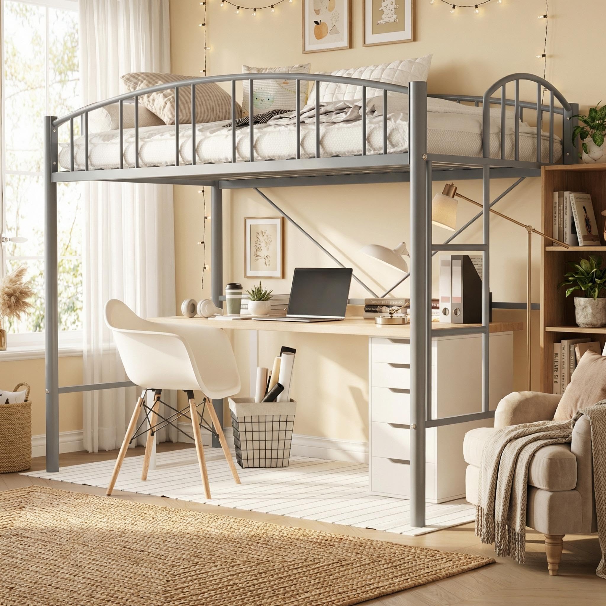 IDEALHOUSE Loft Bed Twin Size with Ladder and High-Arched Guardrail, Sturdy Metal Slats, Space-Saving Design, Modern Decor Style, Easy Assembly, No