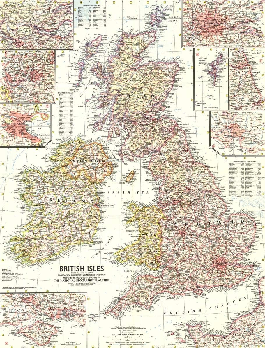 National Geographic: British Isles 1958 - Historic Wall Map Series - 19 x 25 inches - Laminated