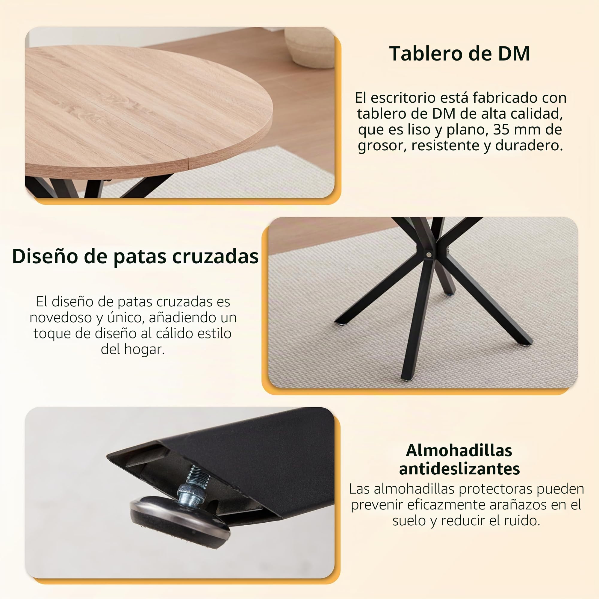 Mesa de Comedor Redonda Moderna con Tablero de MDF, Patas de Metal Negro, Adecuada para Salón, Cocina, Comedor, Mesa de Comedor Nórdica, 100 cm - Textura de Roble Claro