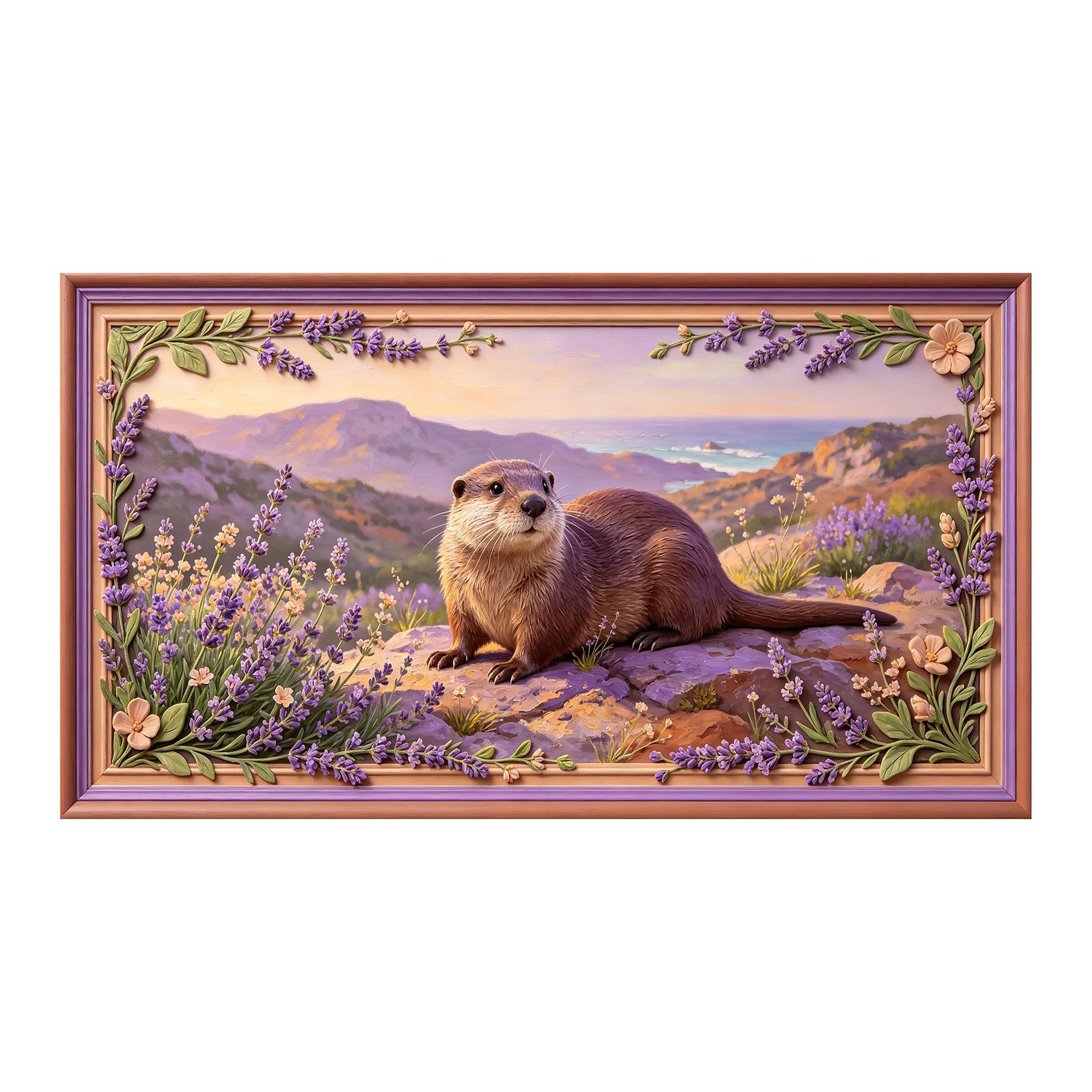 Yzpallescene 3D 3D Framed Wall Art 50cm×90cm Otter Lavender Meadow Coastal Landscape Oil Painting Large Size SelfAdhesive Removable Wall Decor Prints Artwork for Living Room Bedroom Office