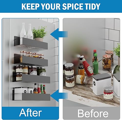 Miniatura 4 de Estante magnético para especias para refrigerador, paquete de 2 estantes magnéticos para especias móviles para refrigerador, estantes magnéticos de