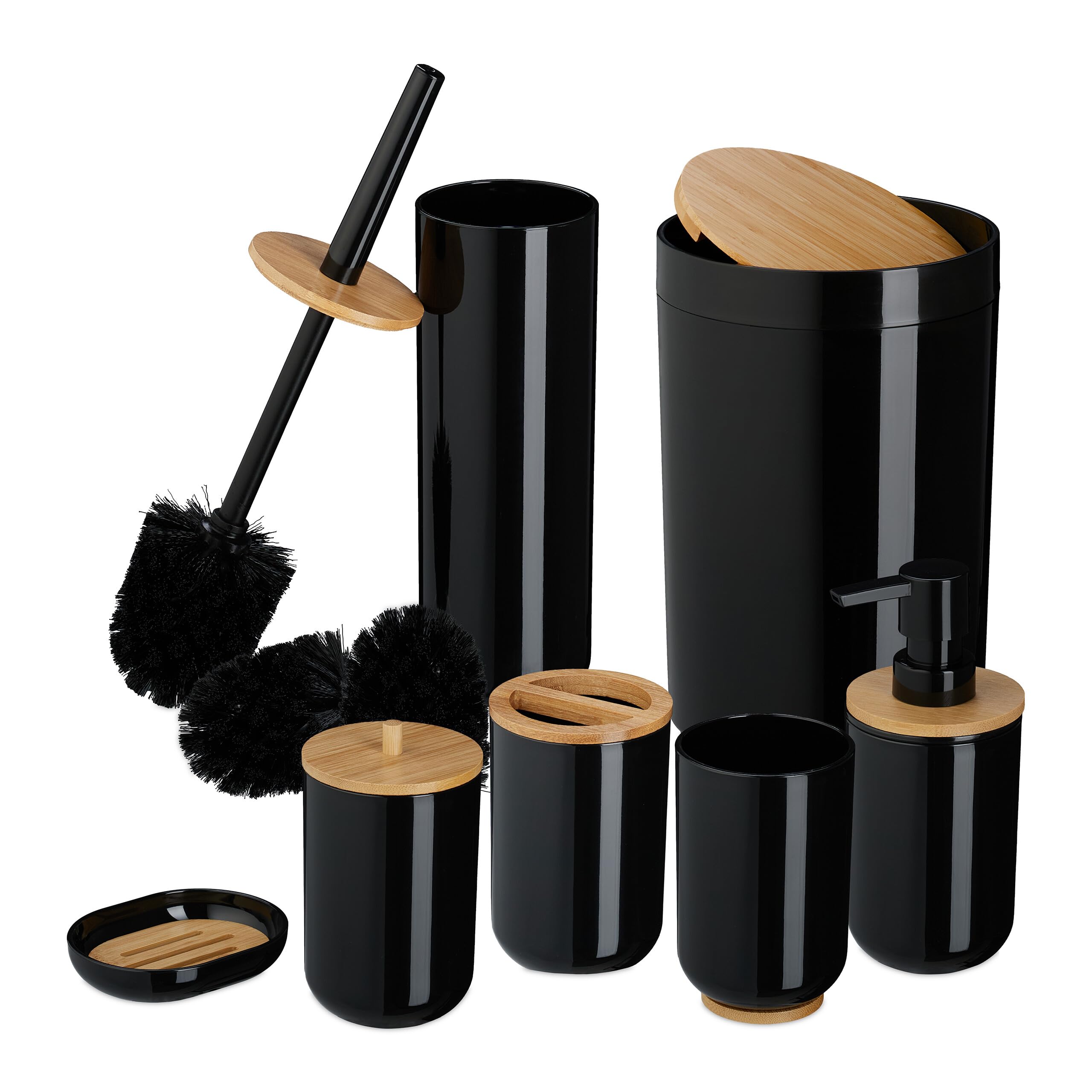 Relaxdays Lot de 7 Accessoires pour la Salle de Bain, Plastique et Bambou, Set Pratique, Noir et Nature